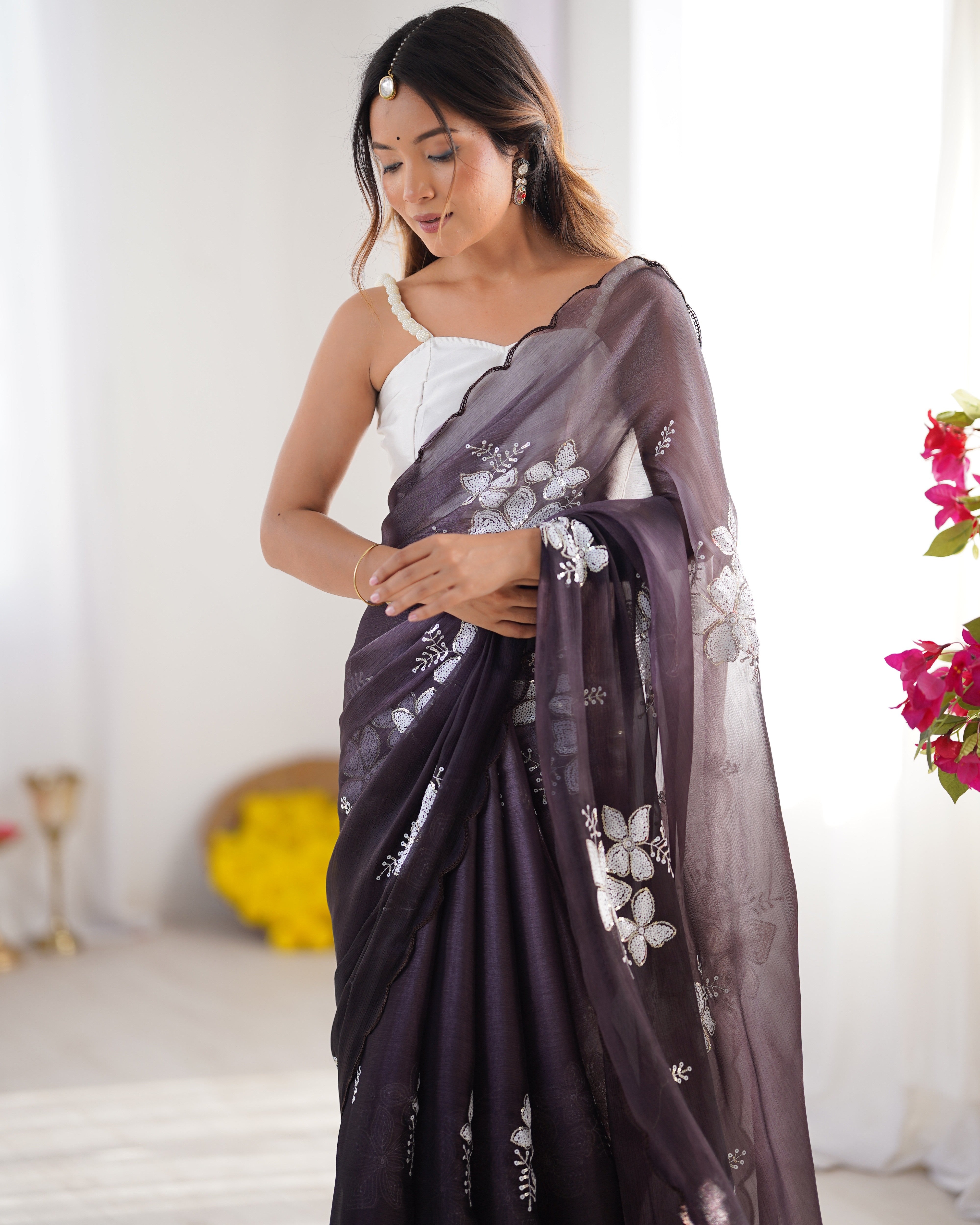 Lavender Jimmy Choo Designer Dual Sequance Embroidery Work Beautiful Partywear Saree