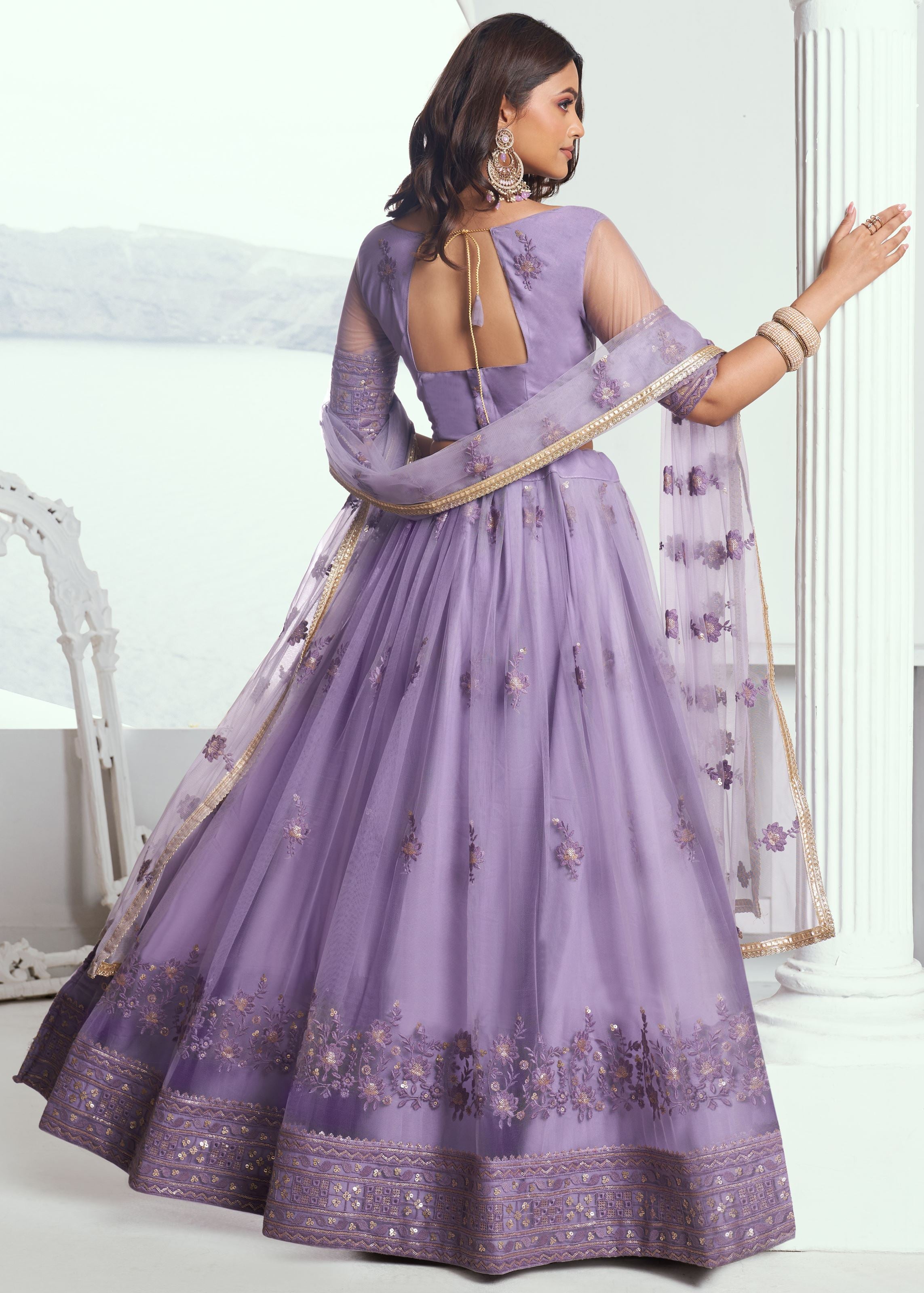 Lavender Lehenga with Heavy Thread Embroidery Sequins Work