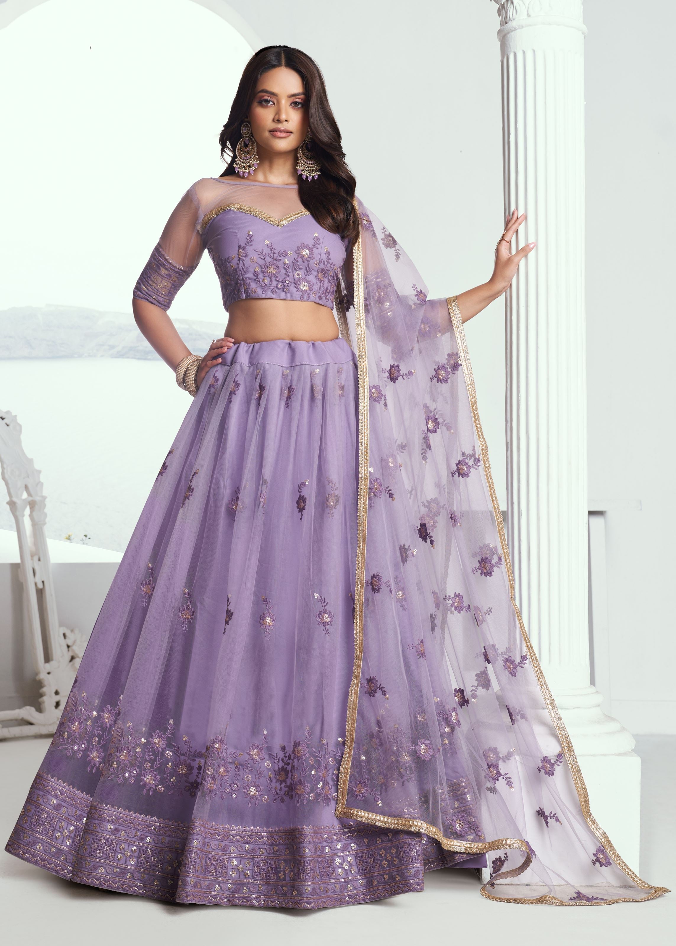 Lavender Lehenga with Heavy Thread Embroidery Sequins Work