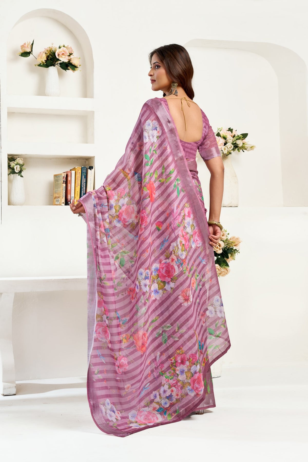 Lavender Linen Ready To Wear Saree With Zari Border Printed