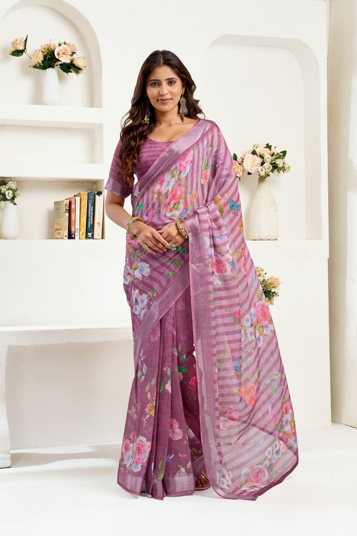 Lavender Linen Ready To Wear Saree With Zari Border Printed