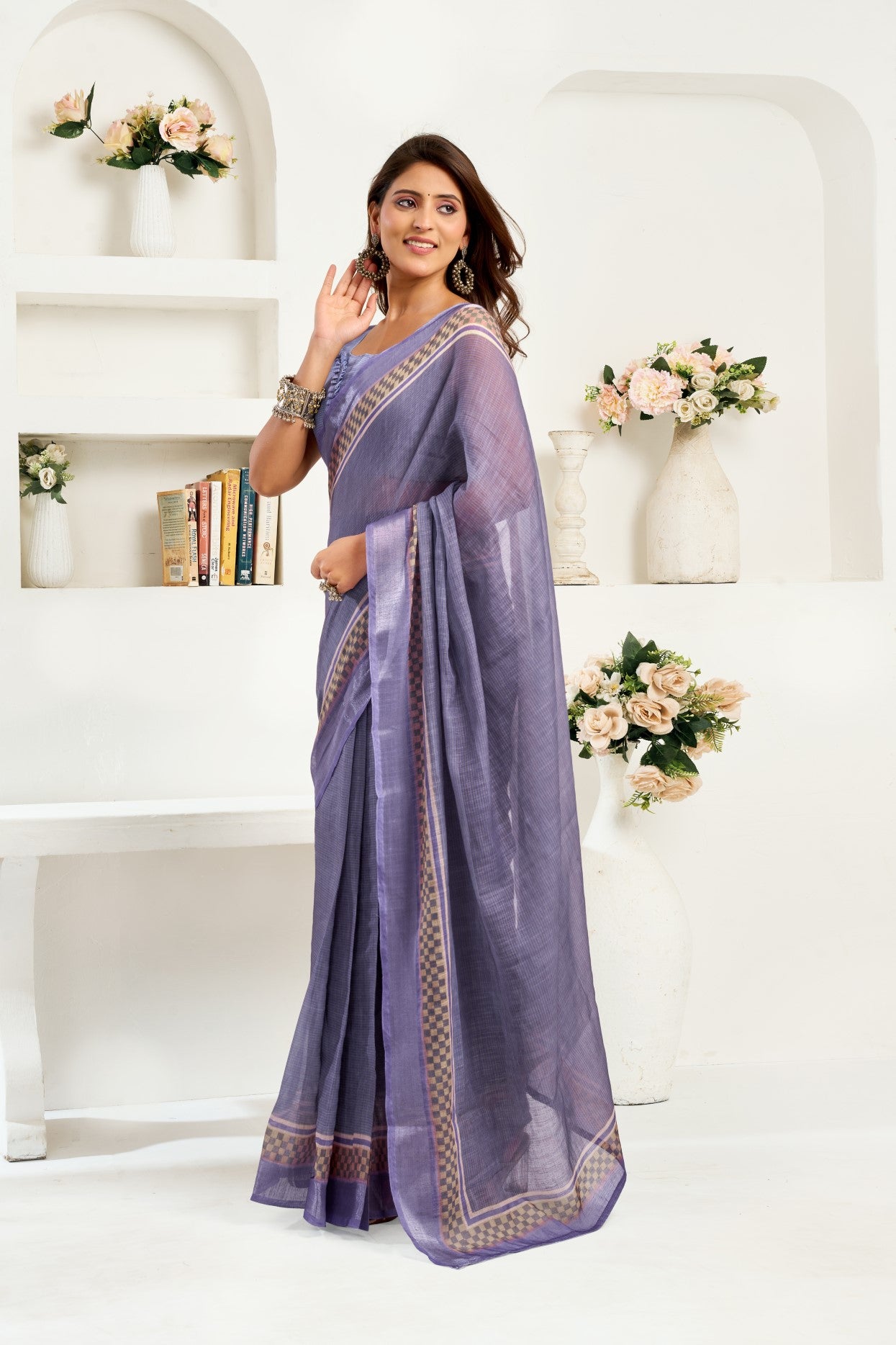 Lavender Linen Ready To Wear Saree With Zari Border Printed