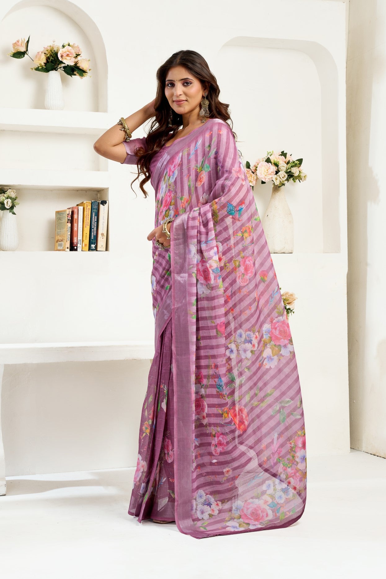 Lavender Linen Ready To Wear Saree With Zari Border Printed