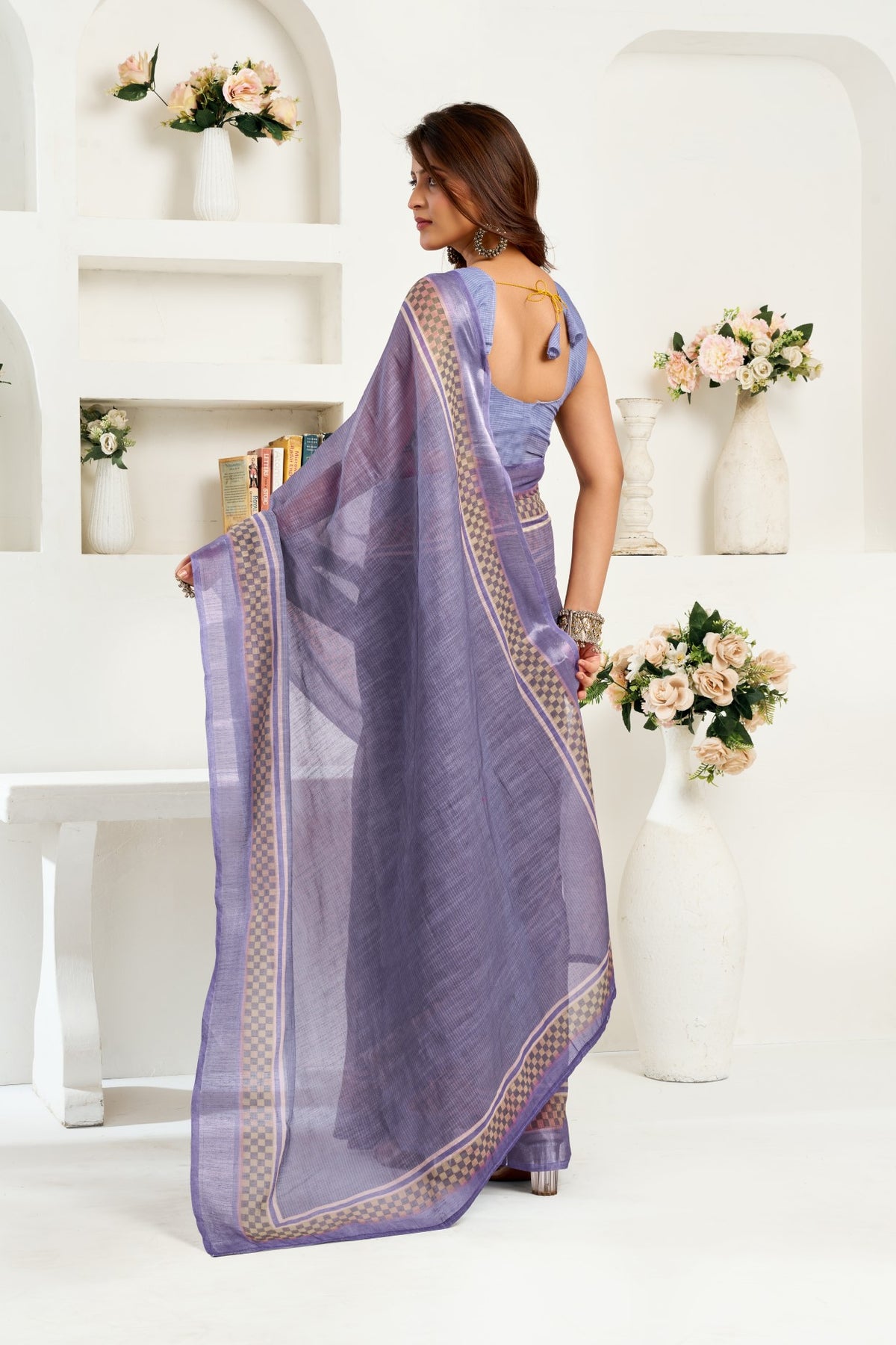 Lavender Linen Ready To Wear Saree With Zari Border Printed