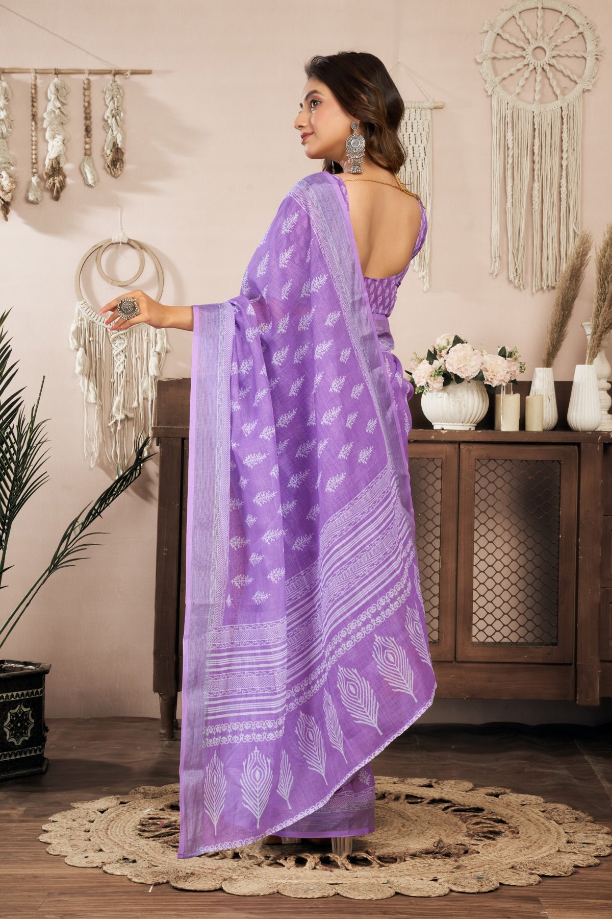 Lavender Linen Ready To Wear Saree With Zari Border Printed
