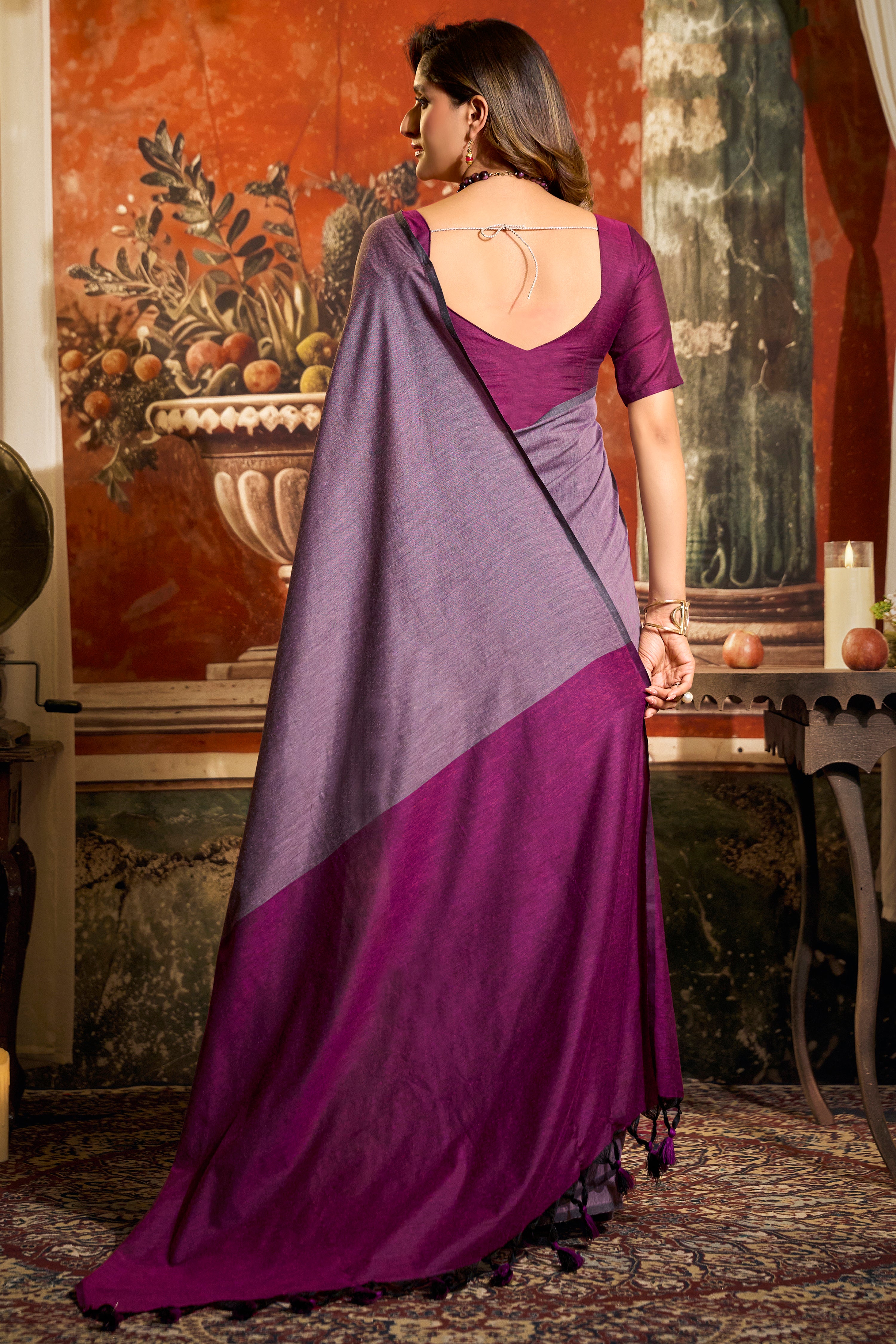 Lavender Mal Cotton Saree with Contrast Pallu & Fancy Tassels