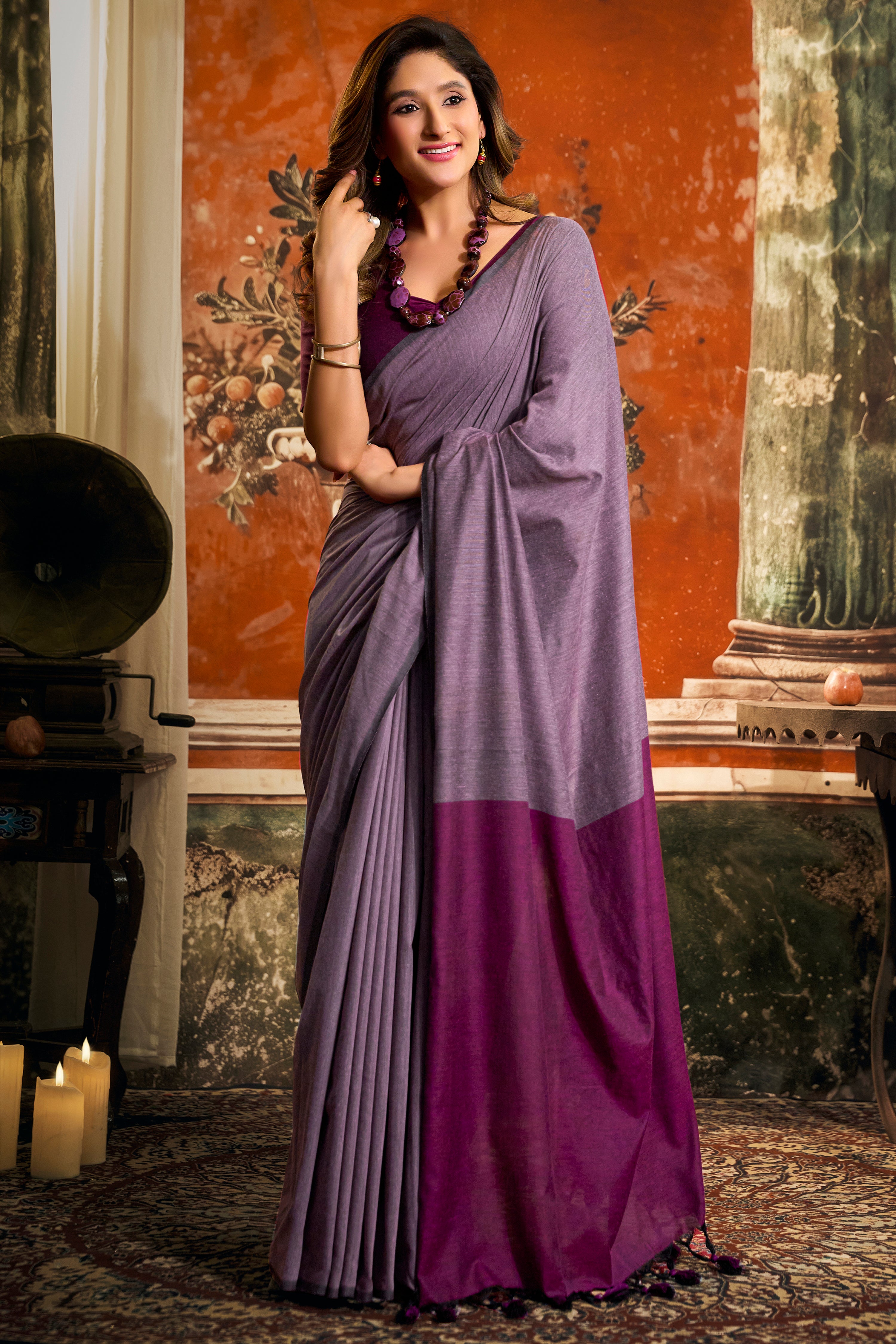Lavender Mal Cotton Saree with Contrast Pallu & Fancy Tassels