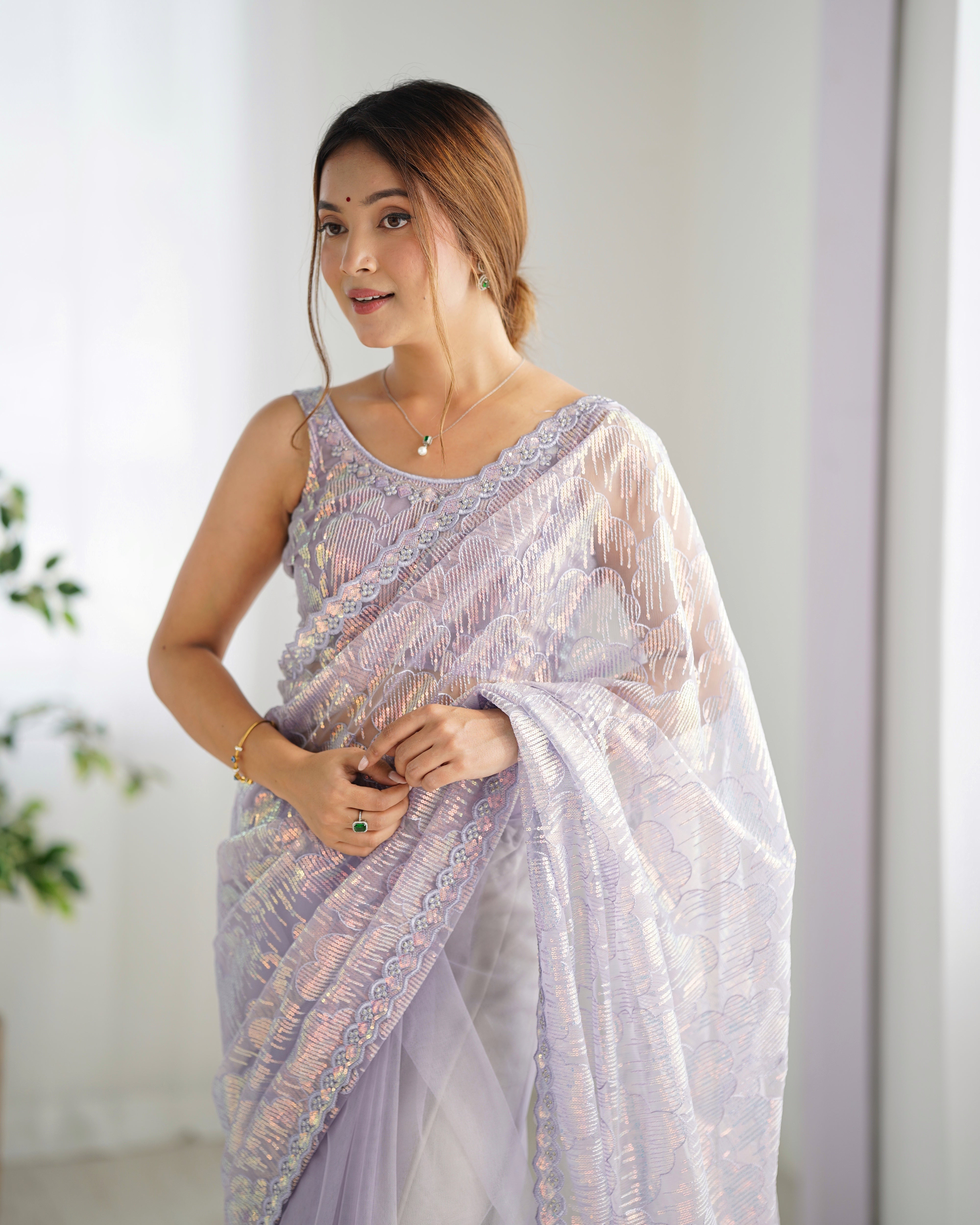 Lavender Mono Net Beautiful Bollywood Saree With Designer Sequins Work