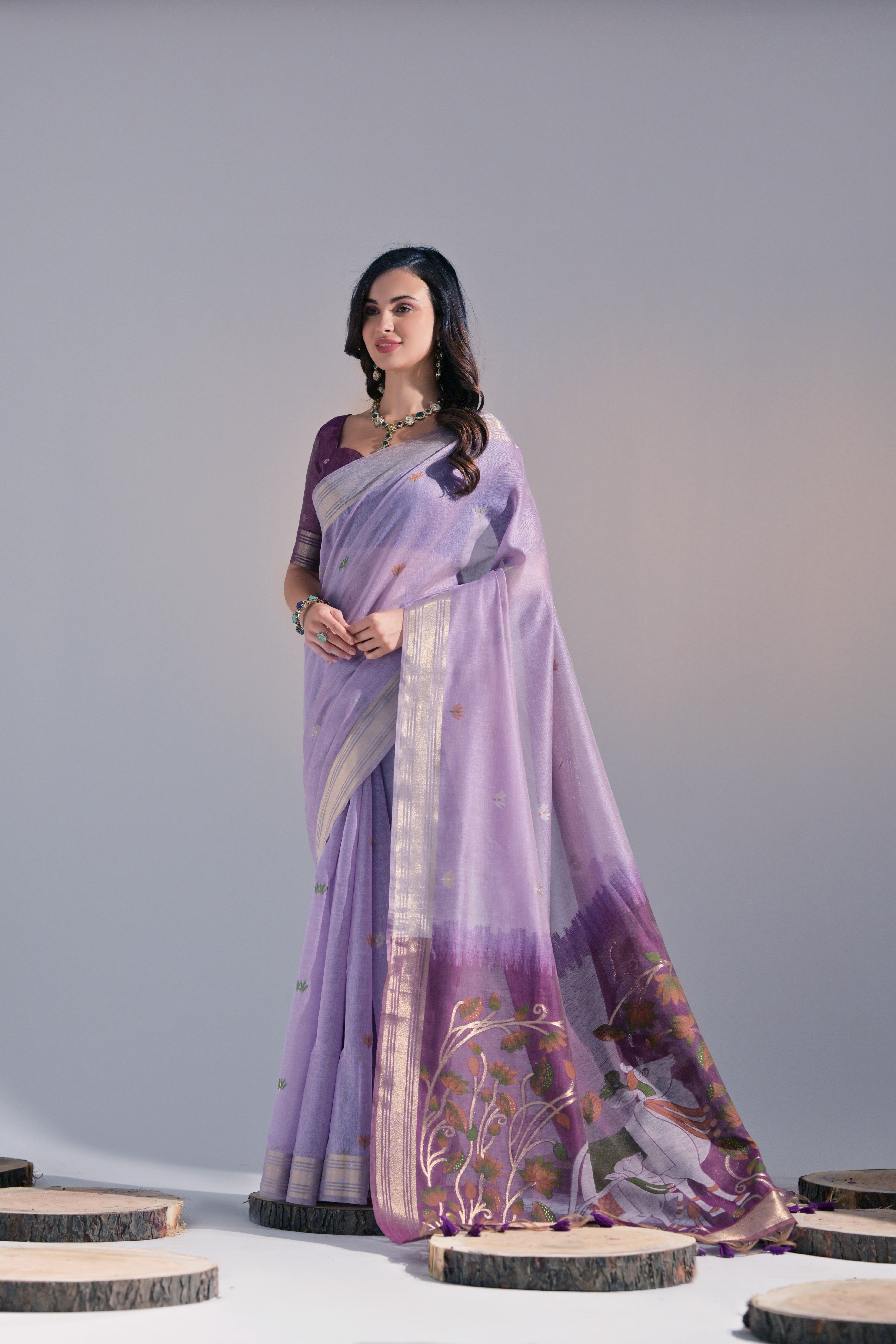 Lavender Muga Cotton Saree with Cow Design and Butti Weaves