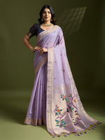 Lavender Muga Cotton Saree with Flower Butti and Paithani Pallu