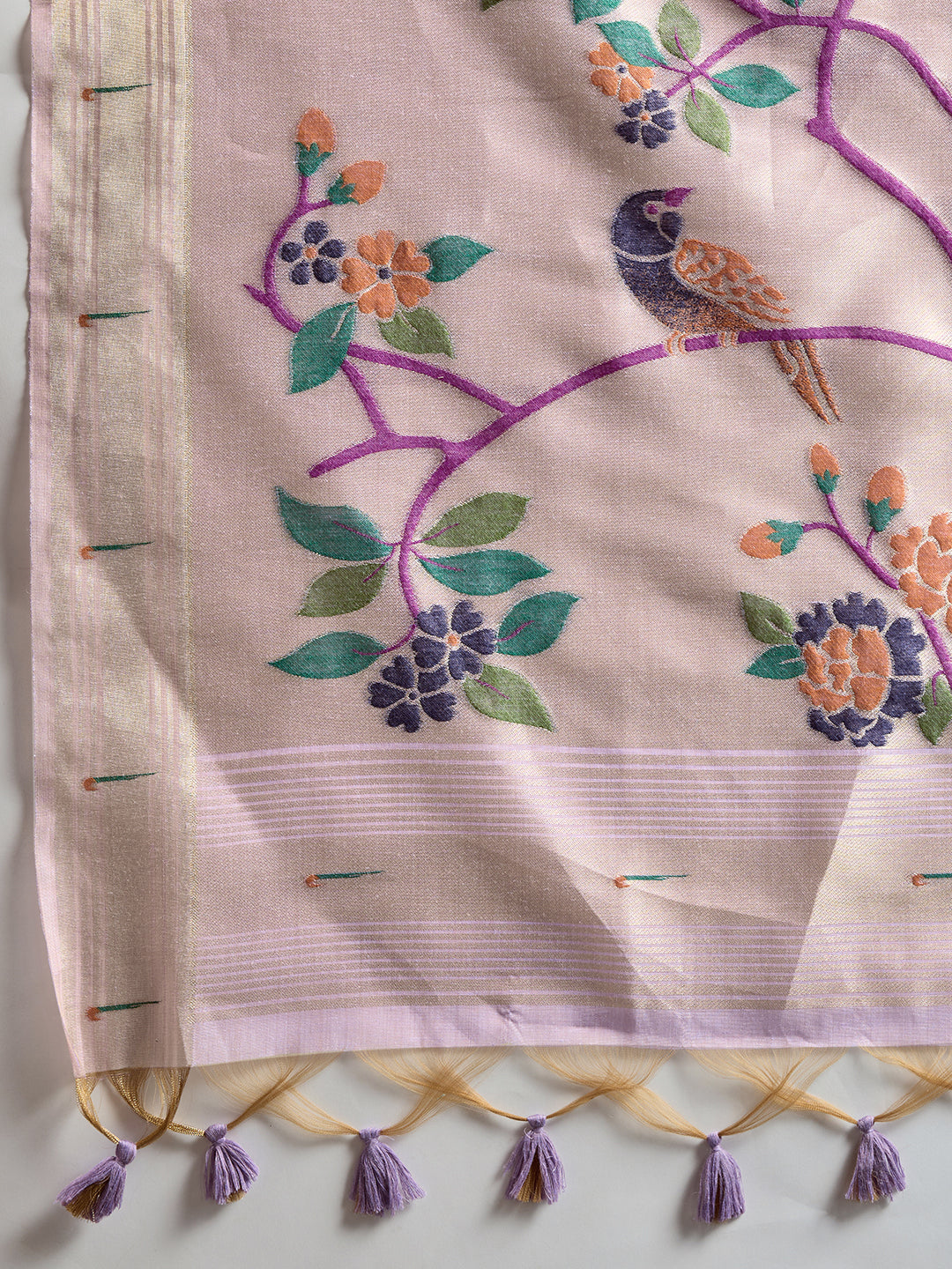 Lavender Muga Cotton Saree with Flower Butti and Paithani Pallu