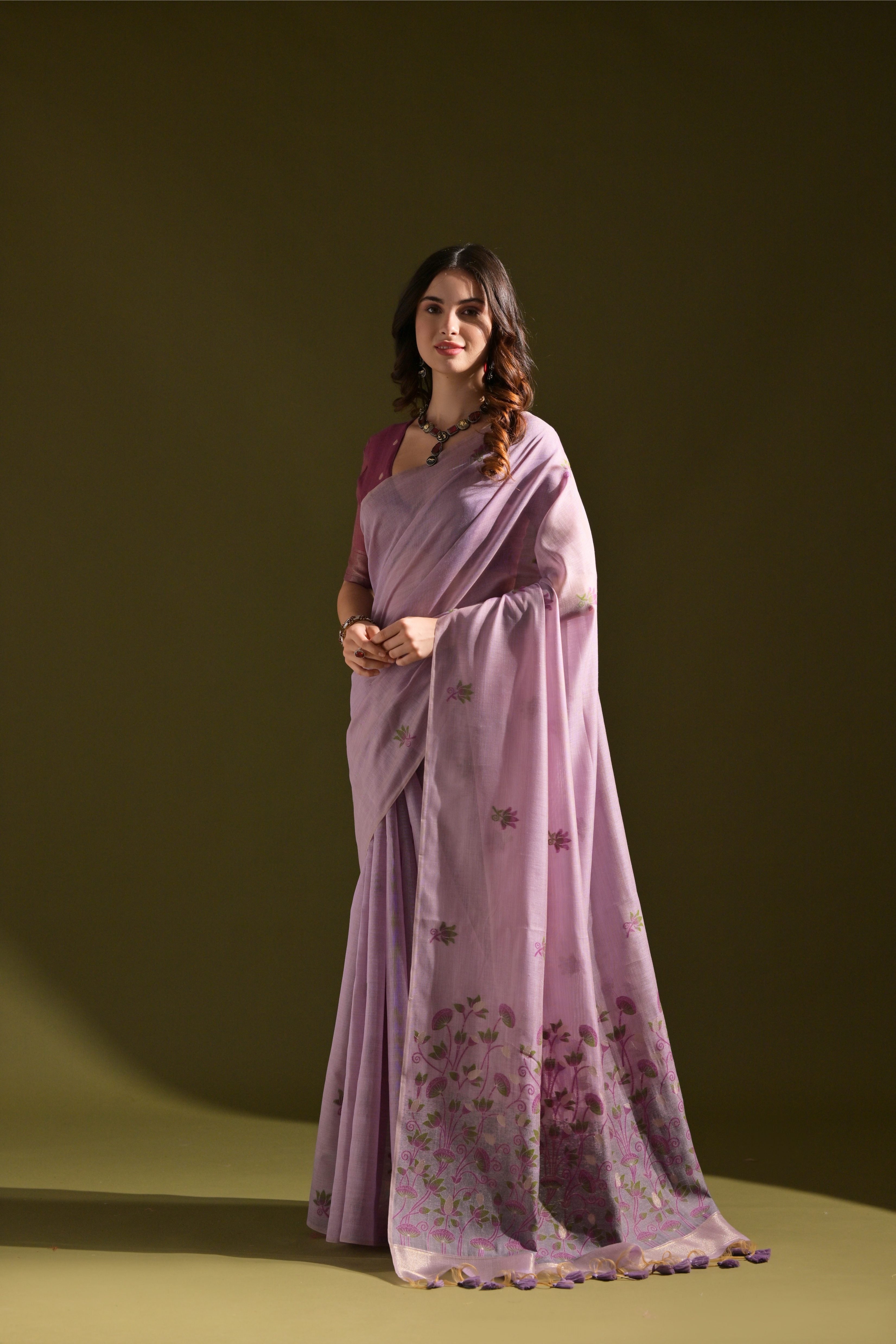 Lavender Muga Cotton Saree with Lotus Thread Design