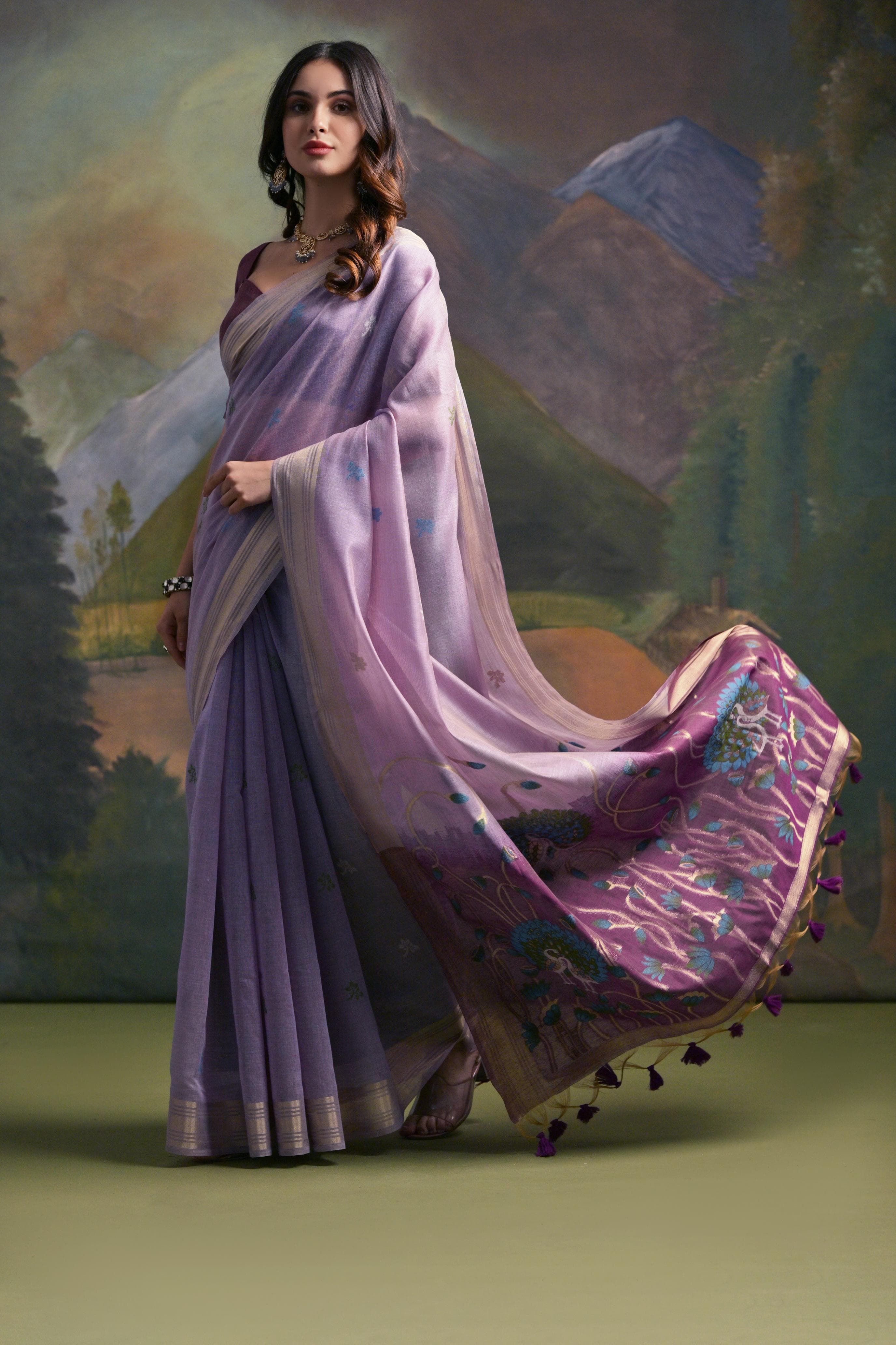 Lavender Muga Cotton Saree with Peacock Pallu and Butti Weaves