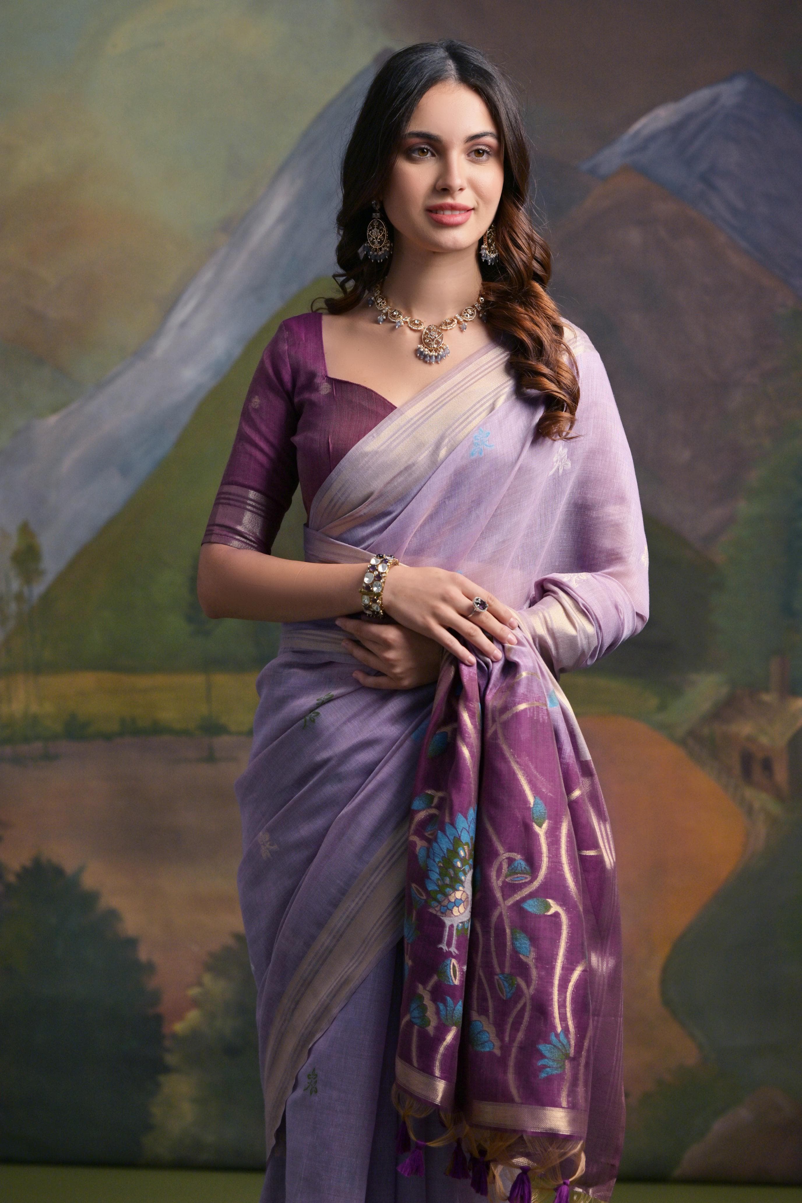 Lavender Muga Cotton Saree with Peacock Pallu and Butti Weaves