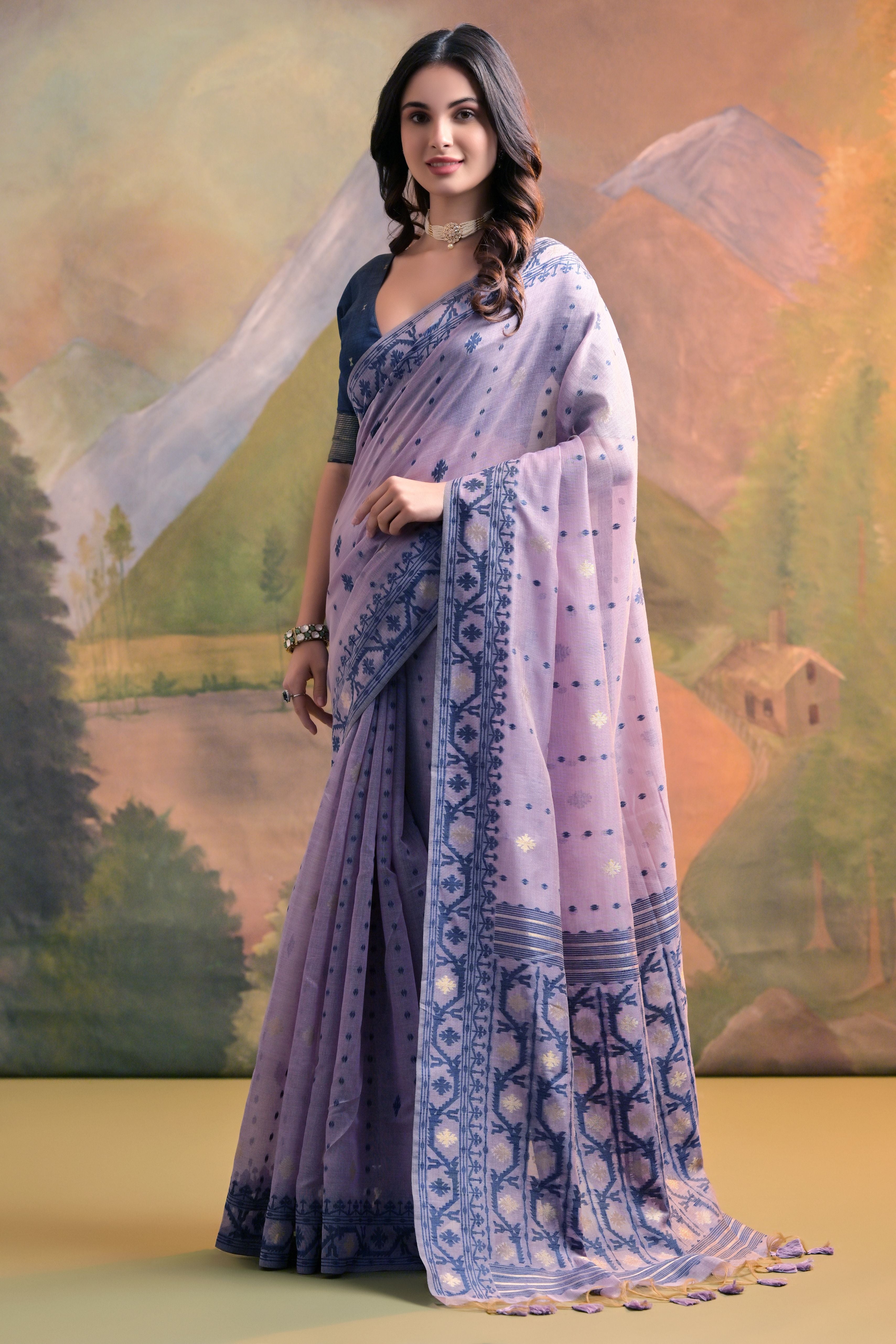 Lavender Muga Cotton Saree with Thread Butti Weaves