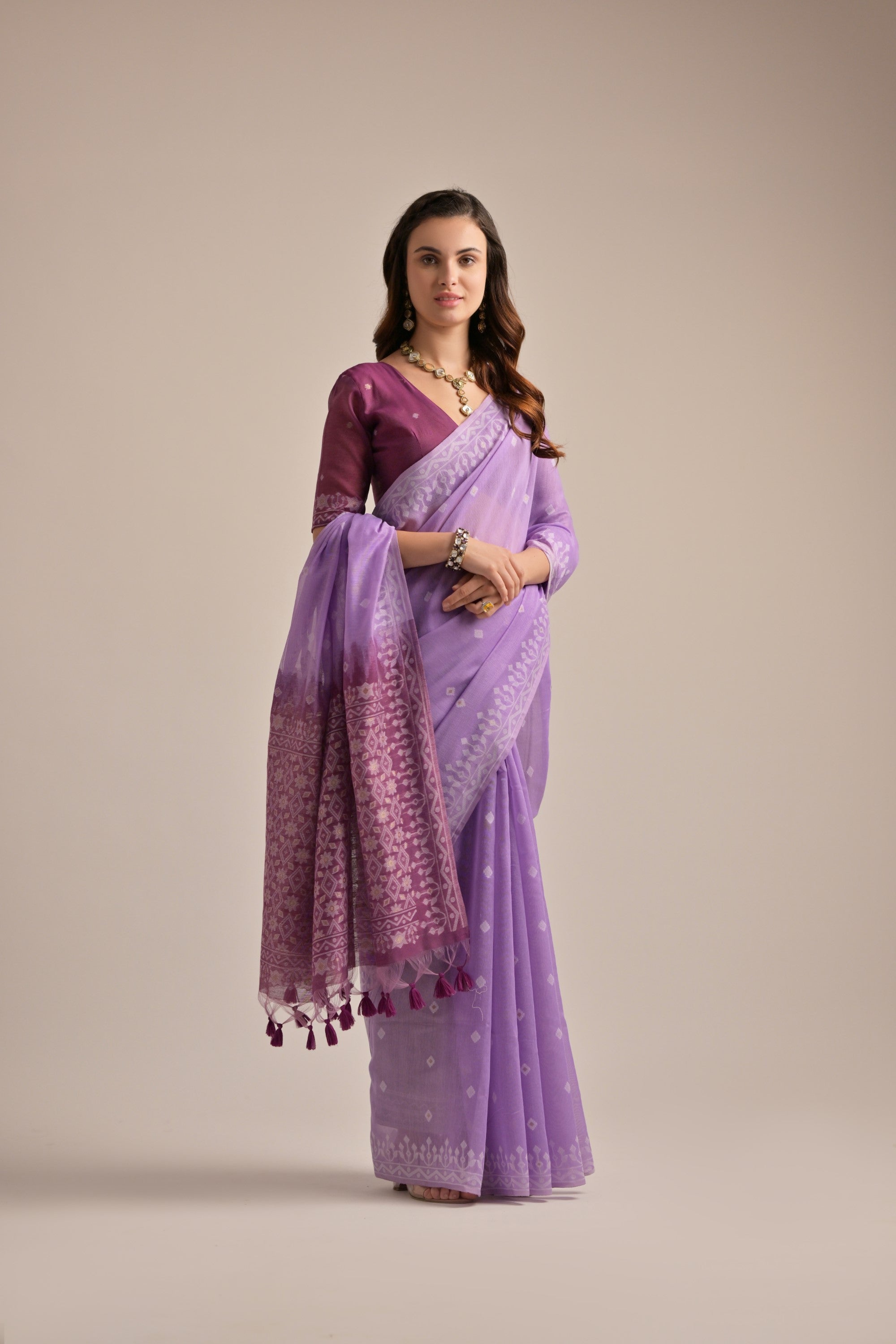 Lavender Muga Cotton Saree with Thread Butti and Lakhnawi Pallu