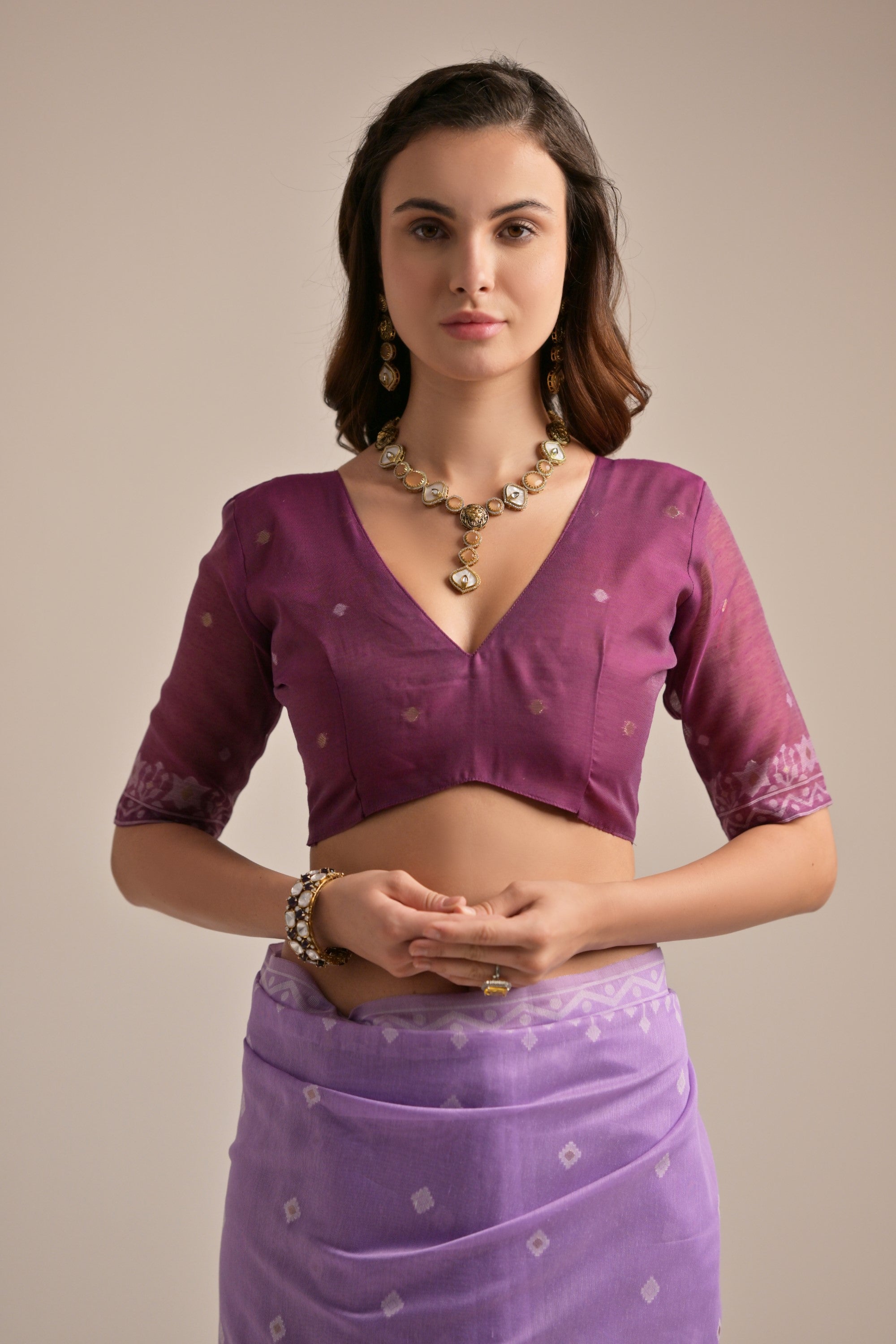 Lavender Muga Cotton Saree with Thread Butti and Lakhnawi Pallu