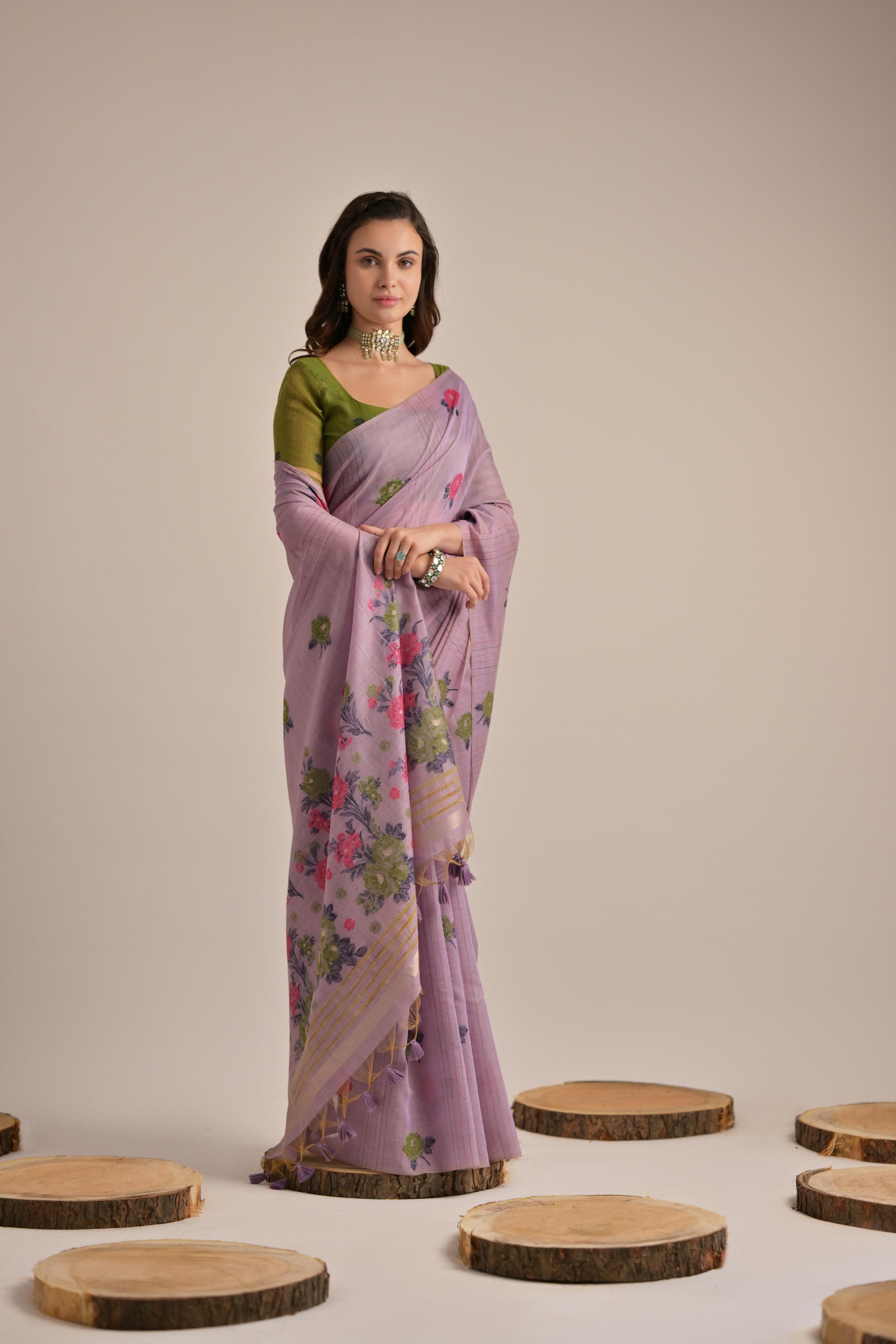 Lavender Muga Cotton Saree with Thread Woven Flower Design
