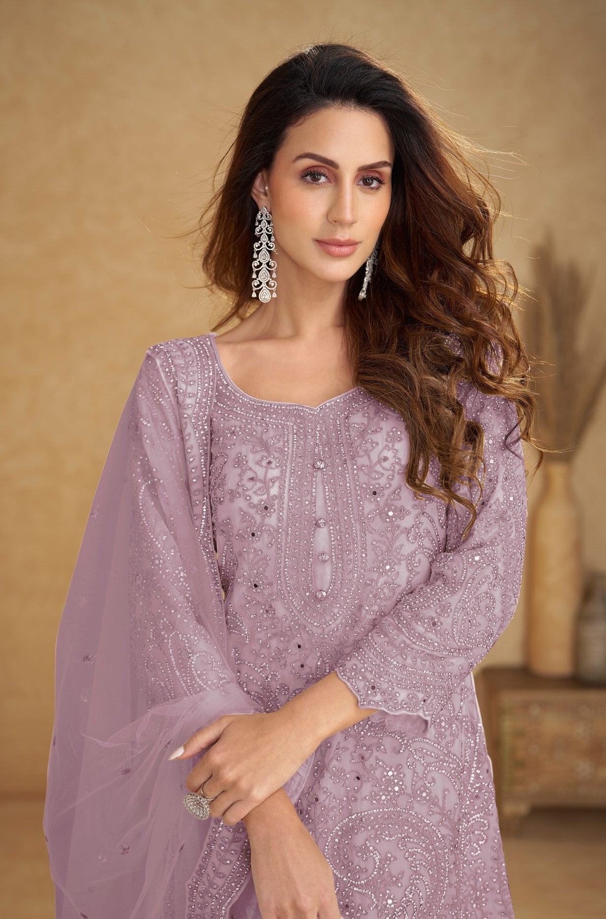 Lavender Net Designer Suit Set With Intricate Embroidery