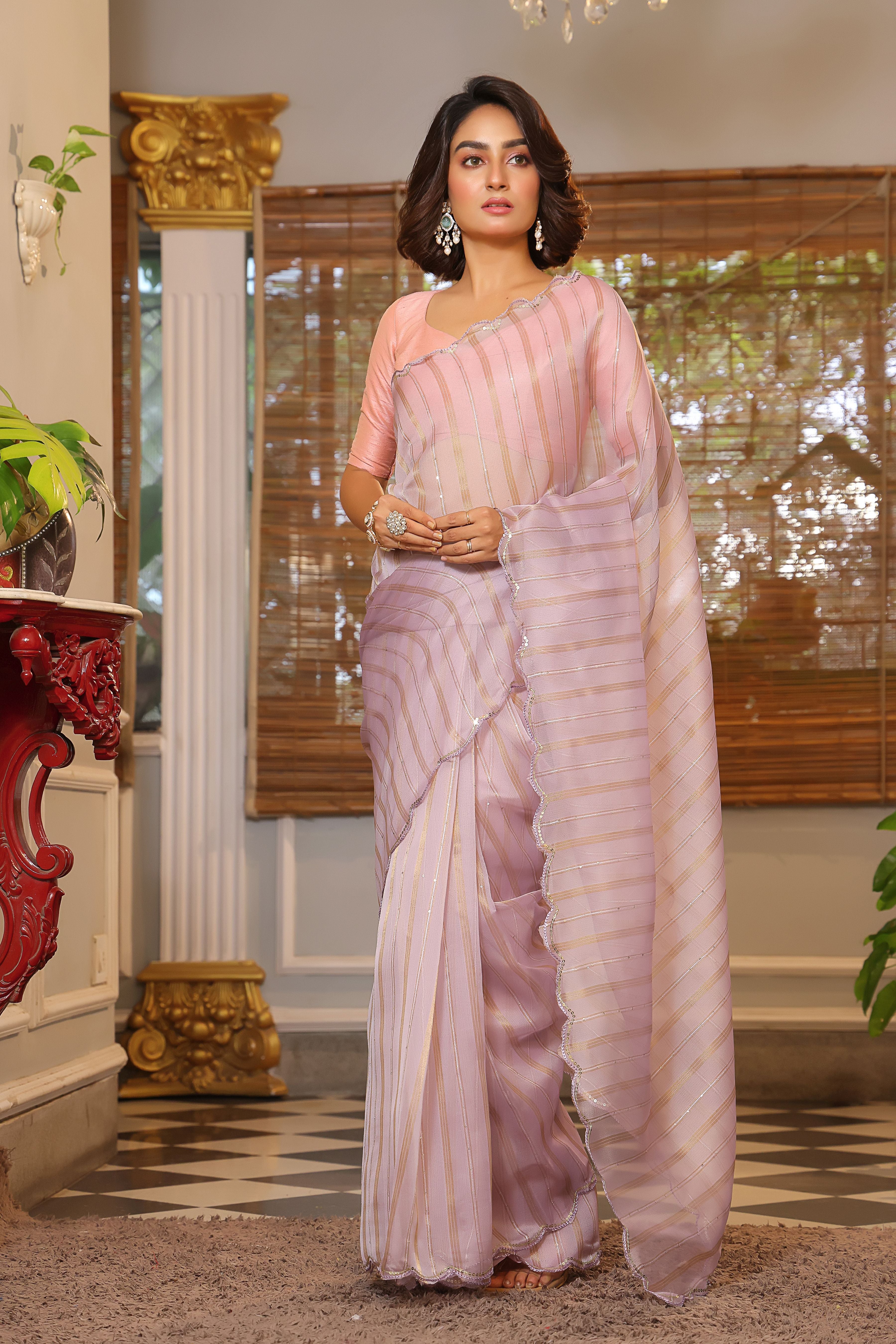 Lavender Organza Partywear Sequins Work Arco Cut Work Saree