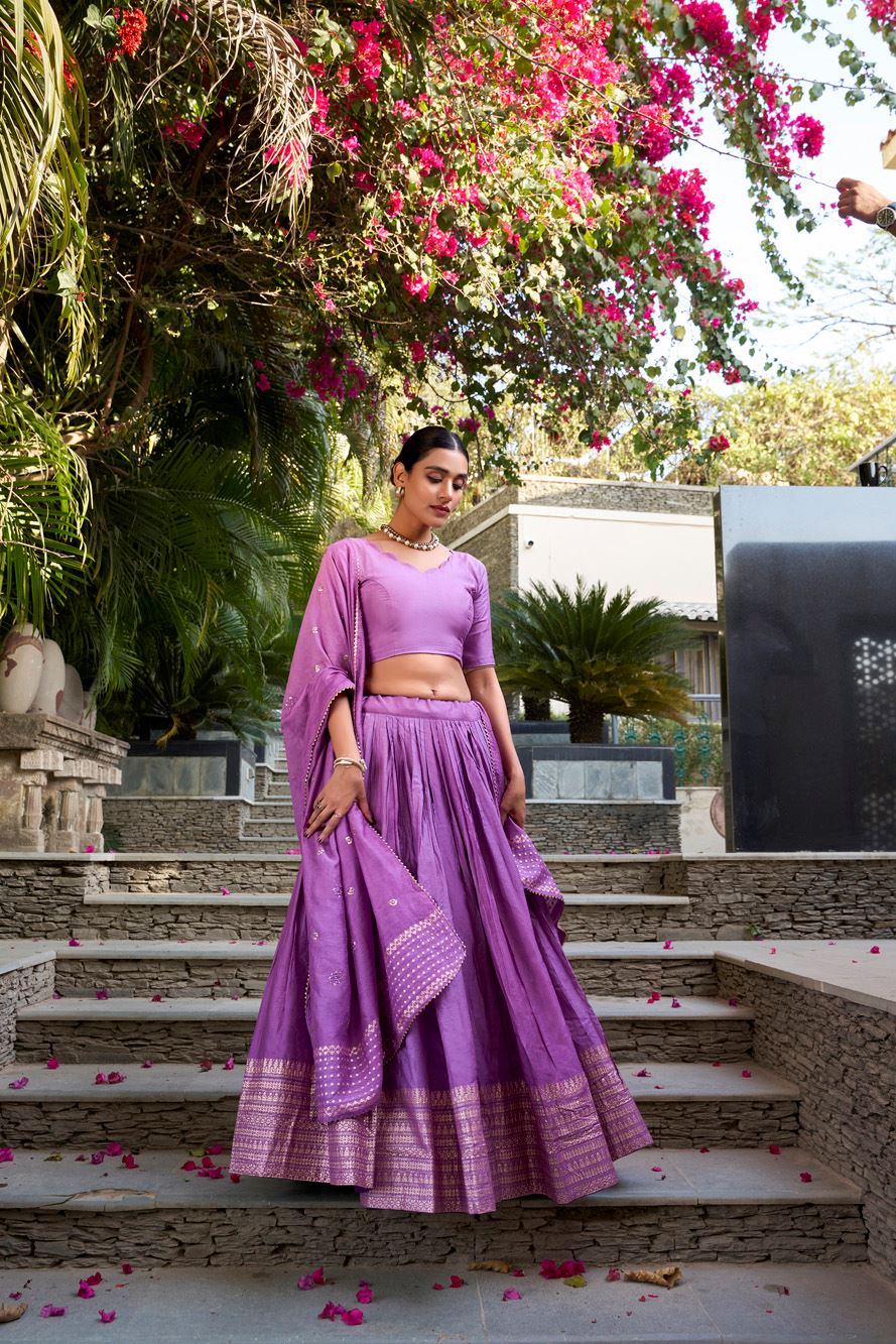 Lavender Plain Chanderi Lehenga with Zari Weaving Finish