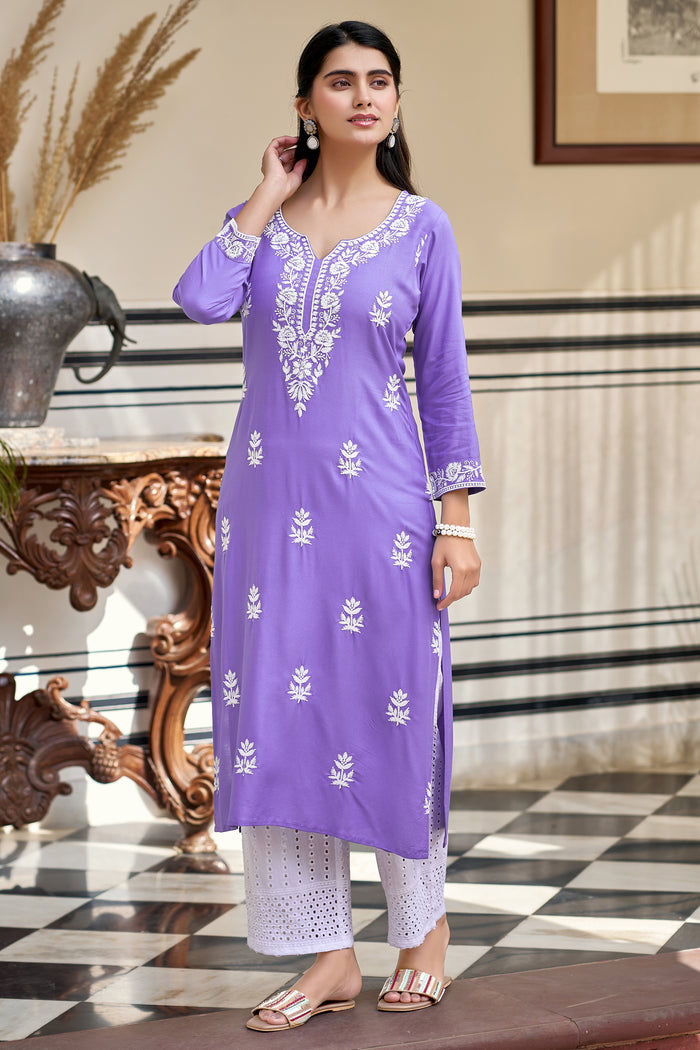 Lavender Pure Rayon Kurta Pant Set With Heavy Thread Embroidered Work