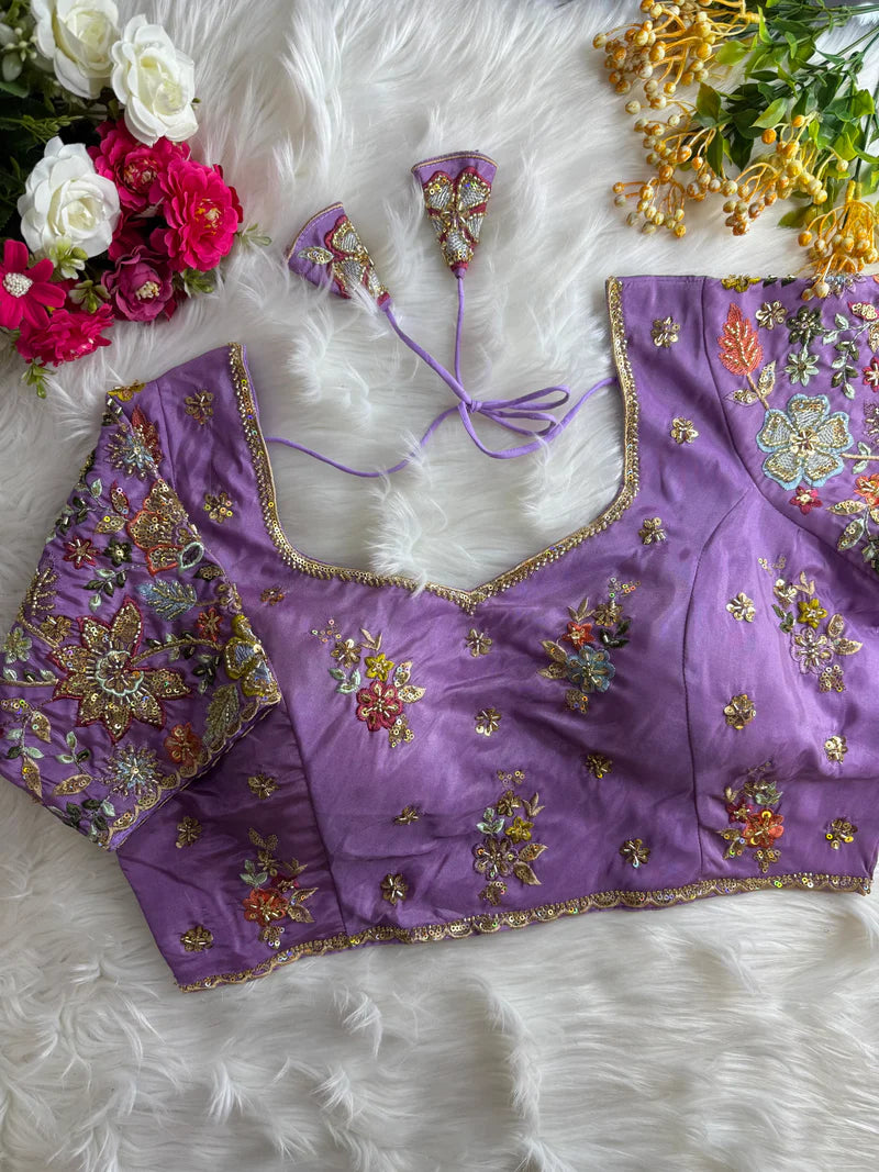 Lavender Pure Silk Designer Blouse with Handwork & Sequins Sleeves for Women