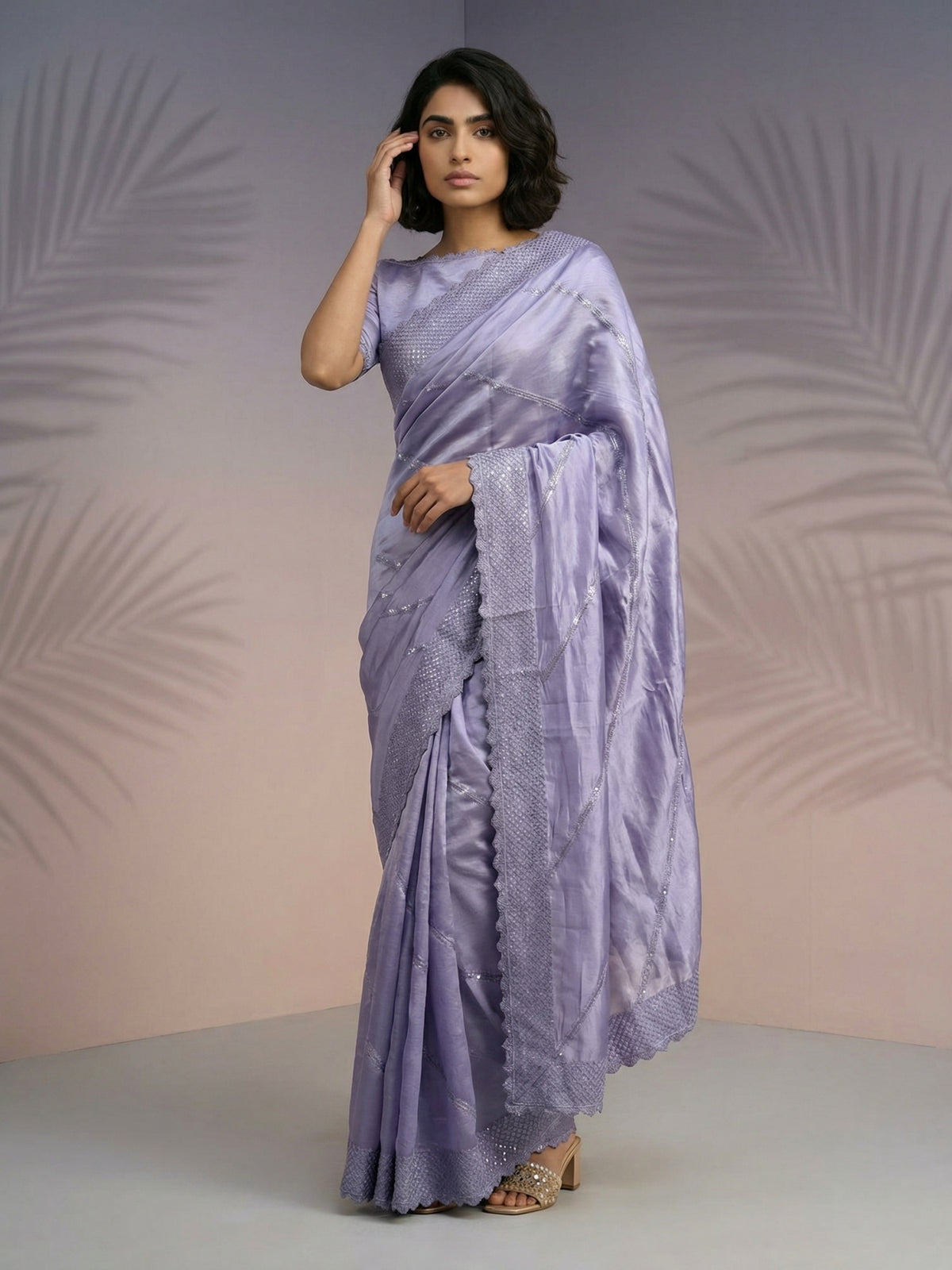 Lavender Rasberry Silk Saree with Premium Embroidery Sequins Work