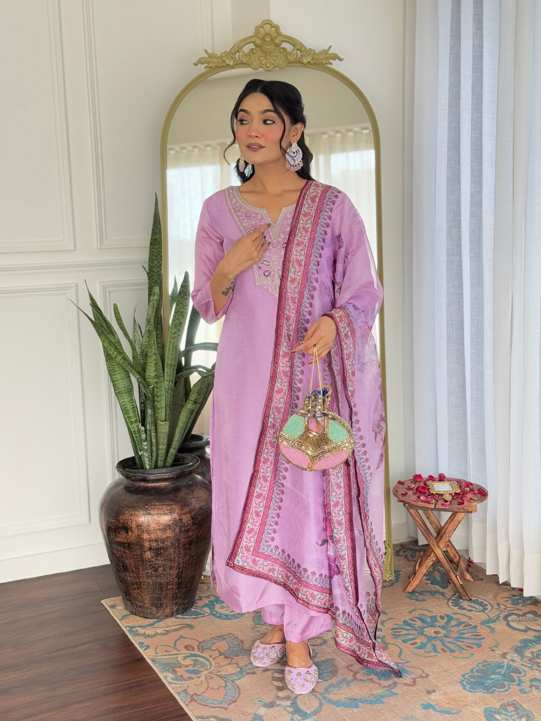 Lavender Rayon Elegant Kurta Pant Set With Embroidery Work