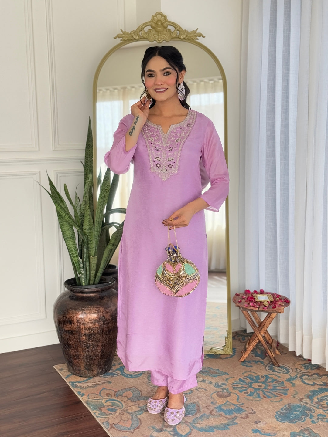 Lavender Rayon Elegant Kurta Pant Set With Embroidery Work