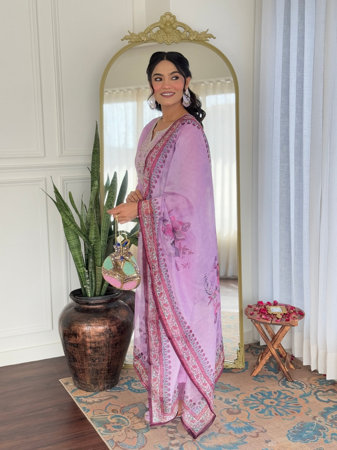 Lavender Rayon Elegant Kurta Pant Set With Embroidery Work