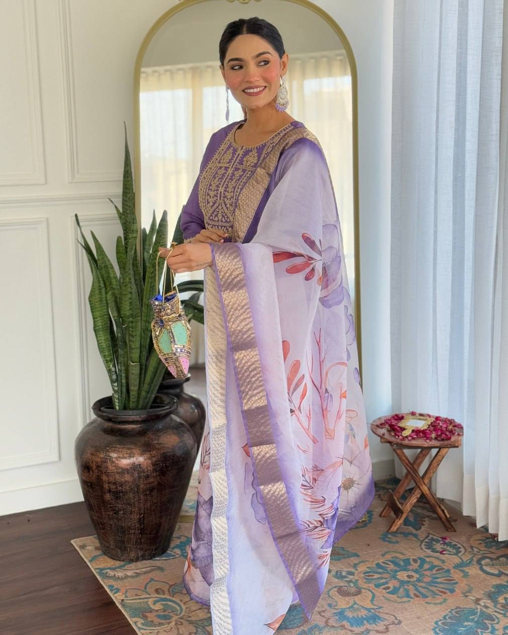 Lavender Rayon Slub Kurta Pant with Heavy Thread Embroidery Work With Printed Dupatta