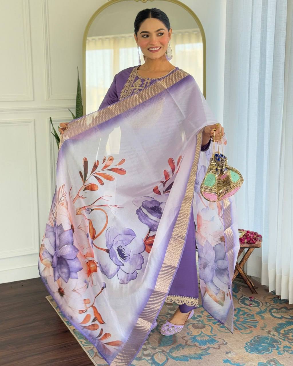 Lavender Rayon Slub Kurta Pant with Heavy Thread Embroidery Work With Printed Dupatta