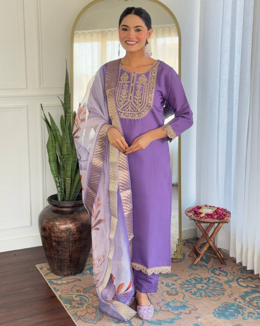Lavender Rayon Slub Kurta Pant with Heavy Thread Embroidery Work With Printed Dupatta