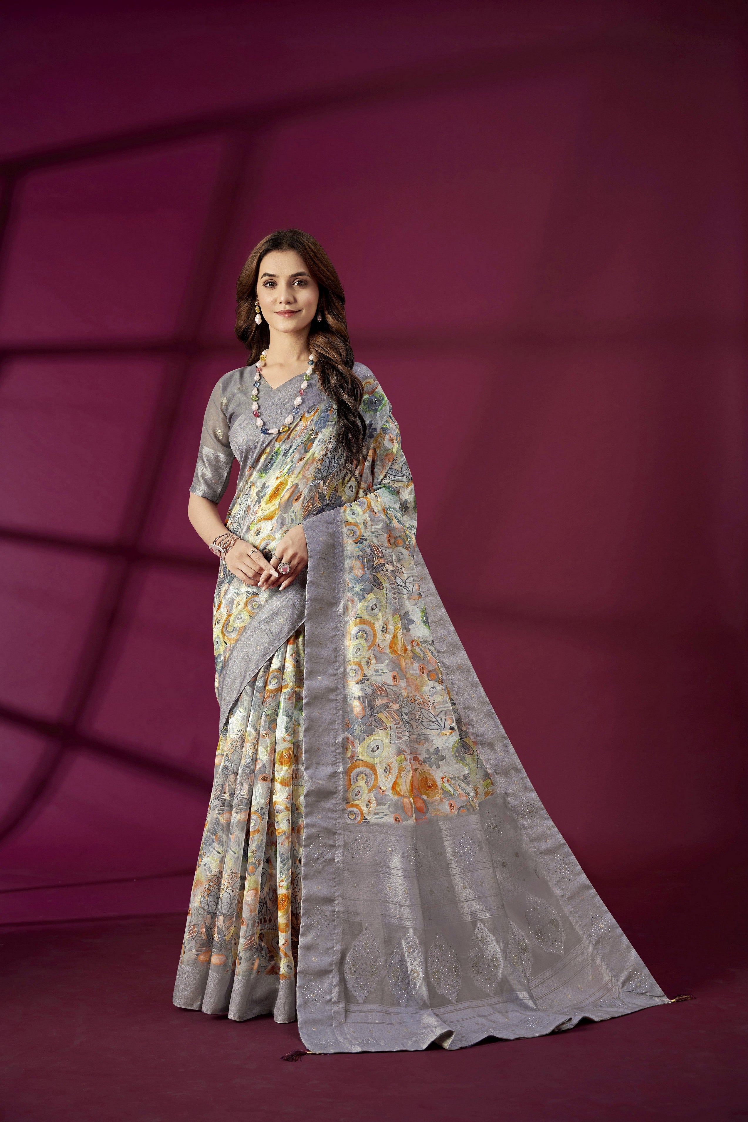 Lavender Rich Silk Jacquard Designer Saree With Smart Ethnic Printed