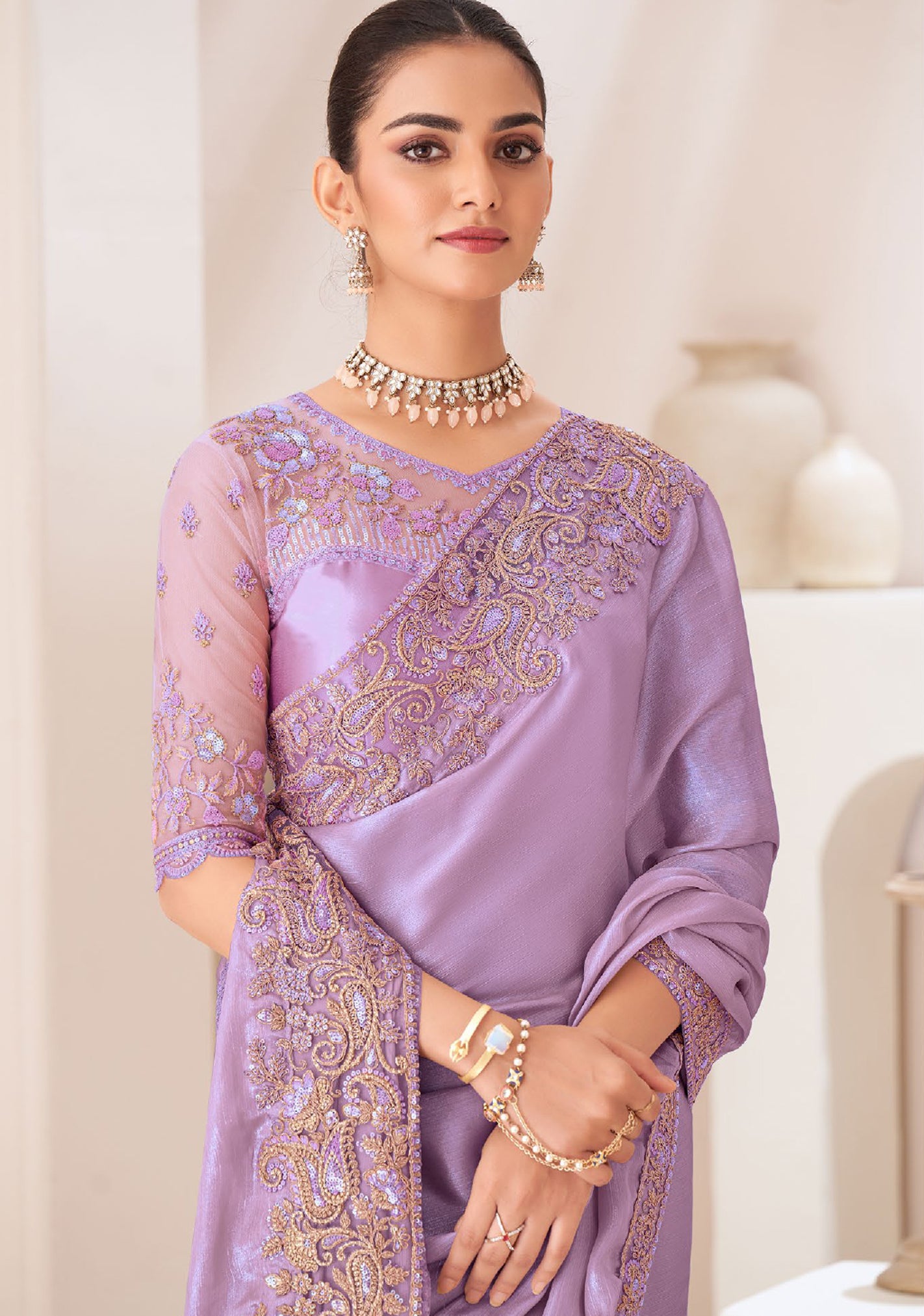 Lavender Saree With Heavy Embroidered Work