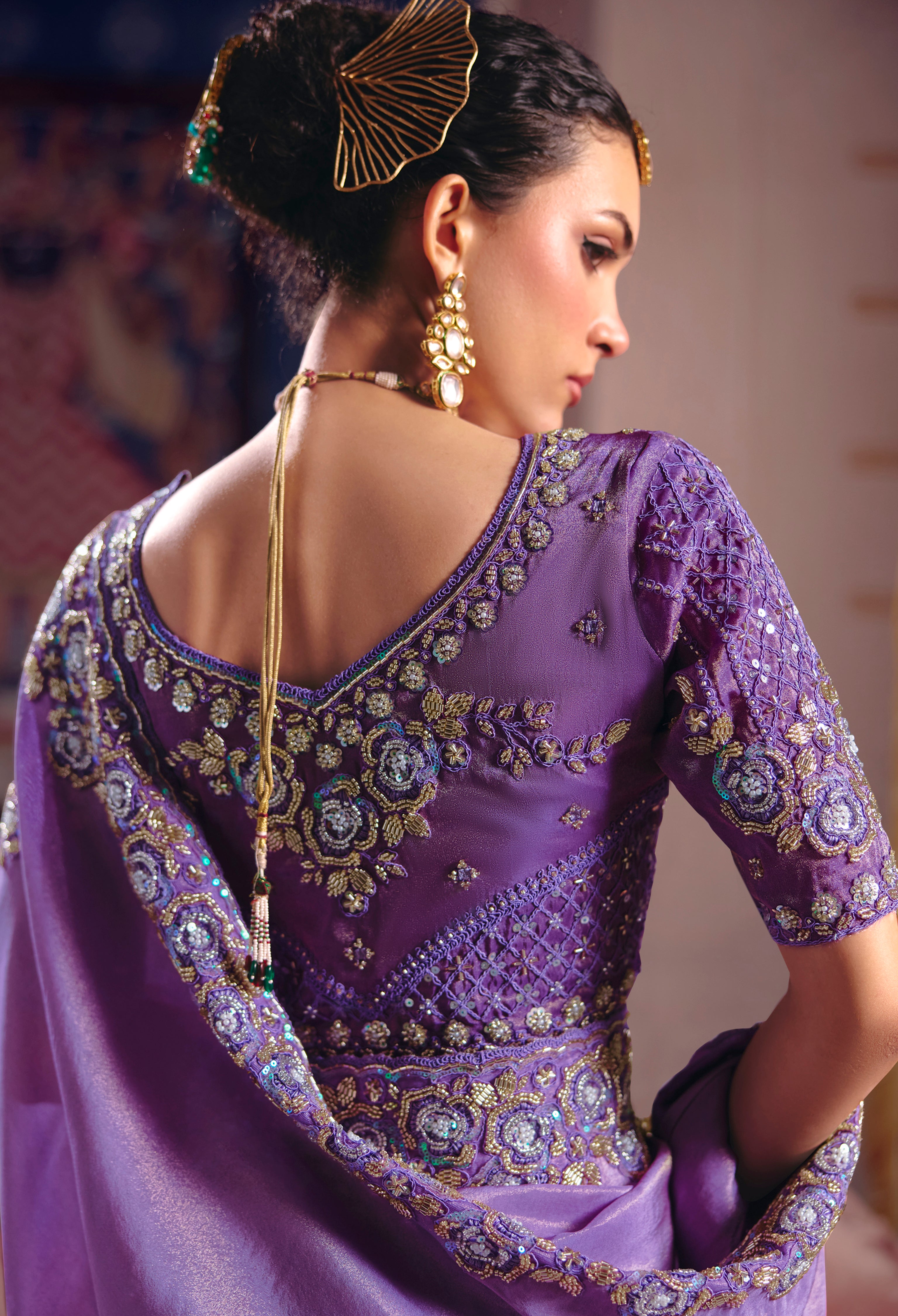 Lavender Saree With  Heavy Embroidery, Beads With Sequince Work