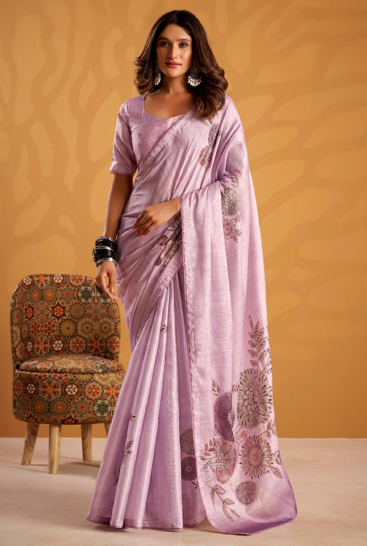 Lavender Saree With  Printed With Kasheeda work