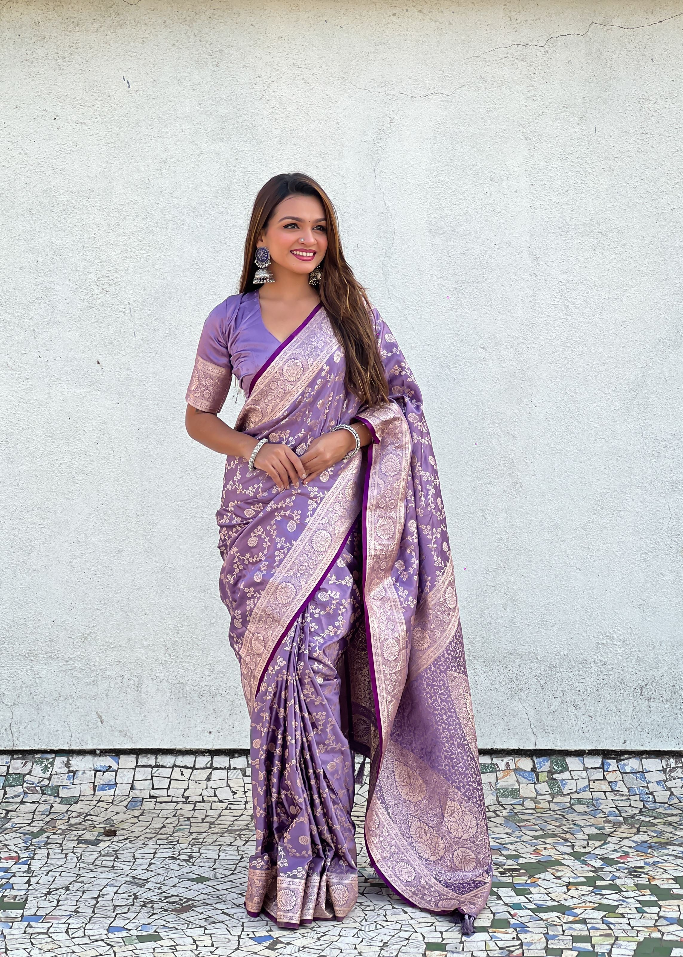 Lavender Satin Saree With Zari and Woven Work