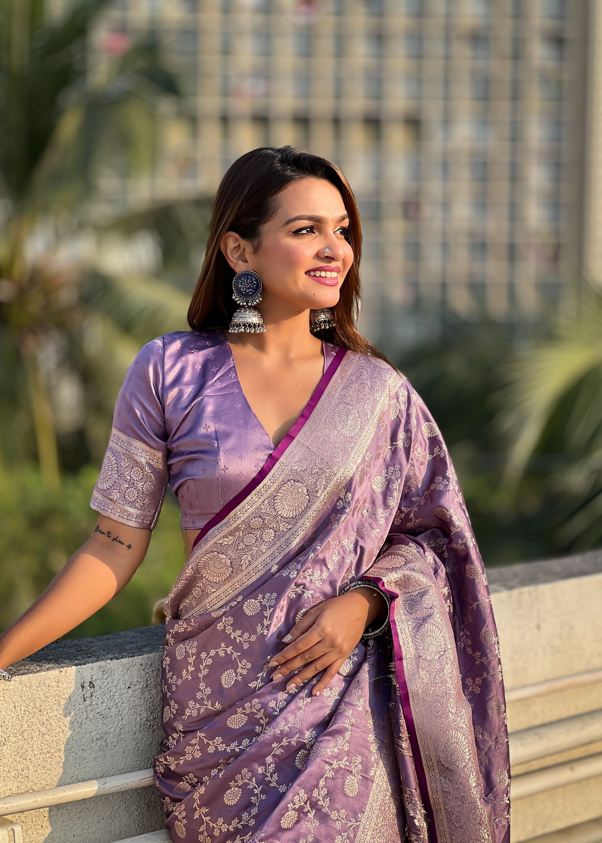 Lavender Satin Saree With Zari and Woven Work