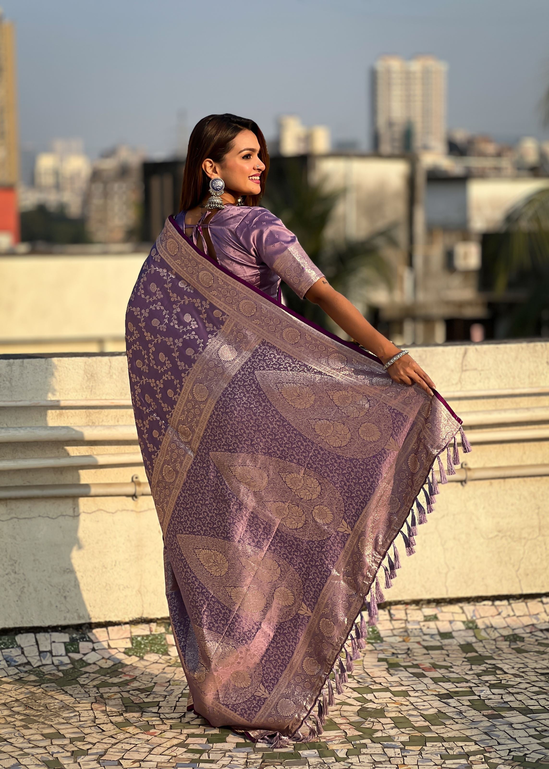 Lavender Satin Saree With Zari and Woven Work