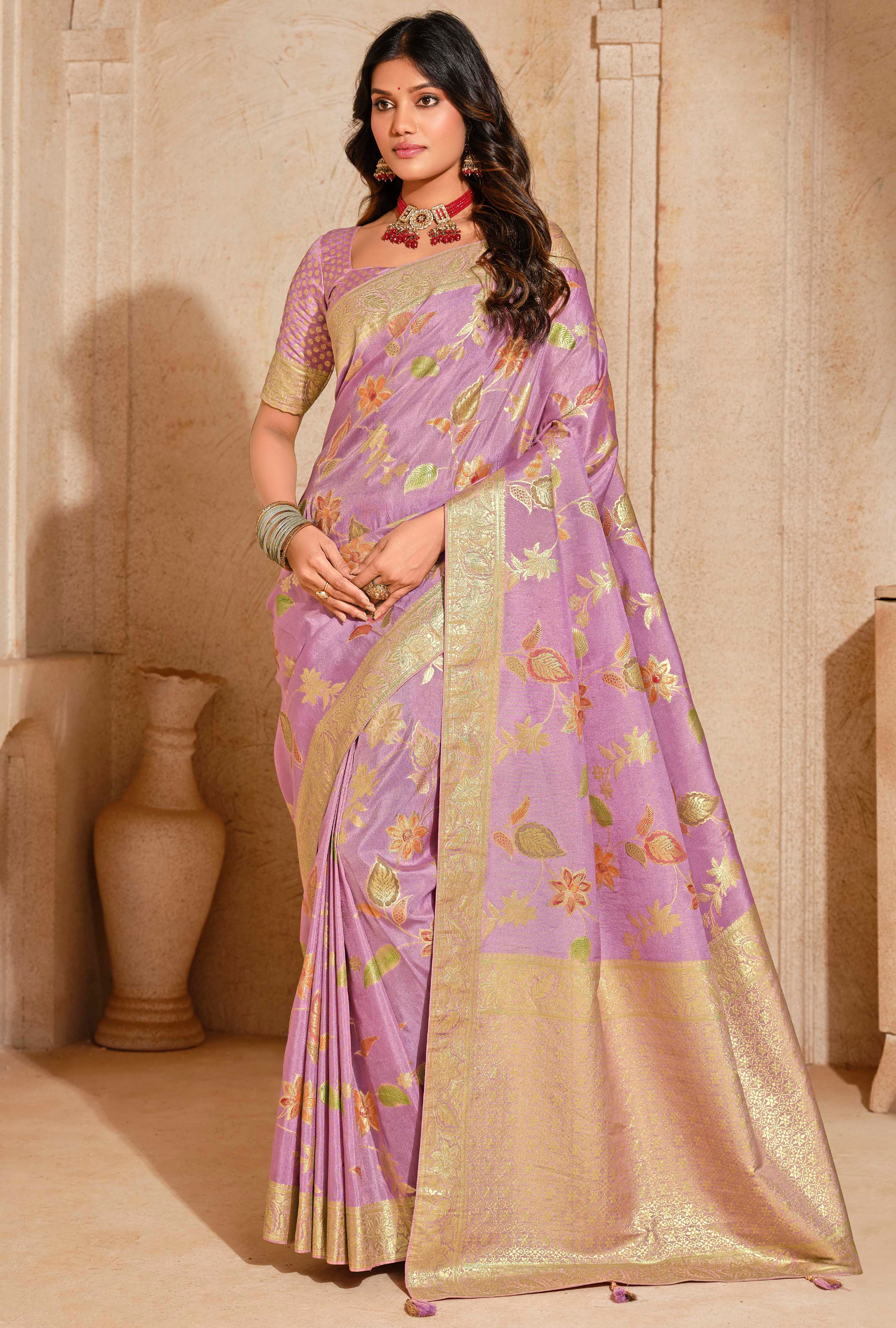 Lavender Silk Saree With  Jacquard Woven Work
