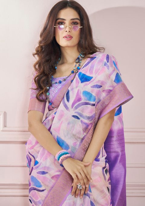 Lavender Soft Silk Saree With  Printed