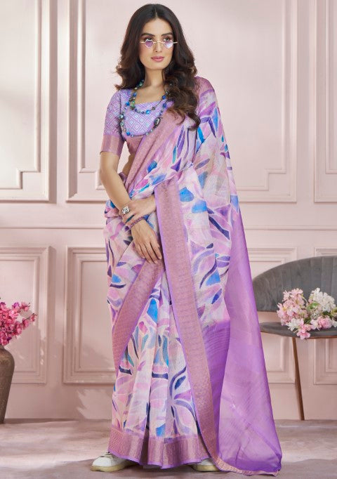 Lavender Soft Silk Saree With  Printed