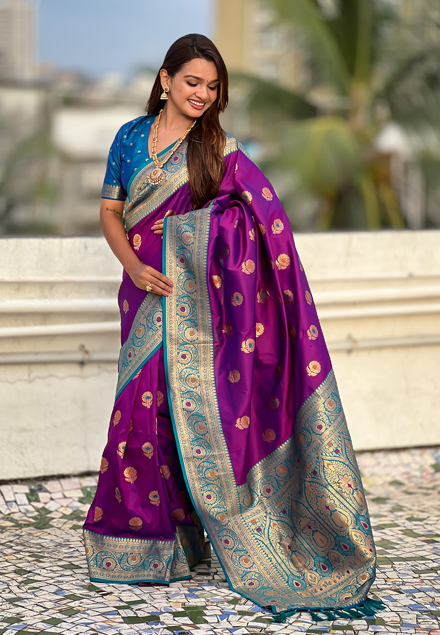Lavender Soft Silk Woven Meenakari Designer Trending Partywear Saree