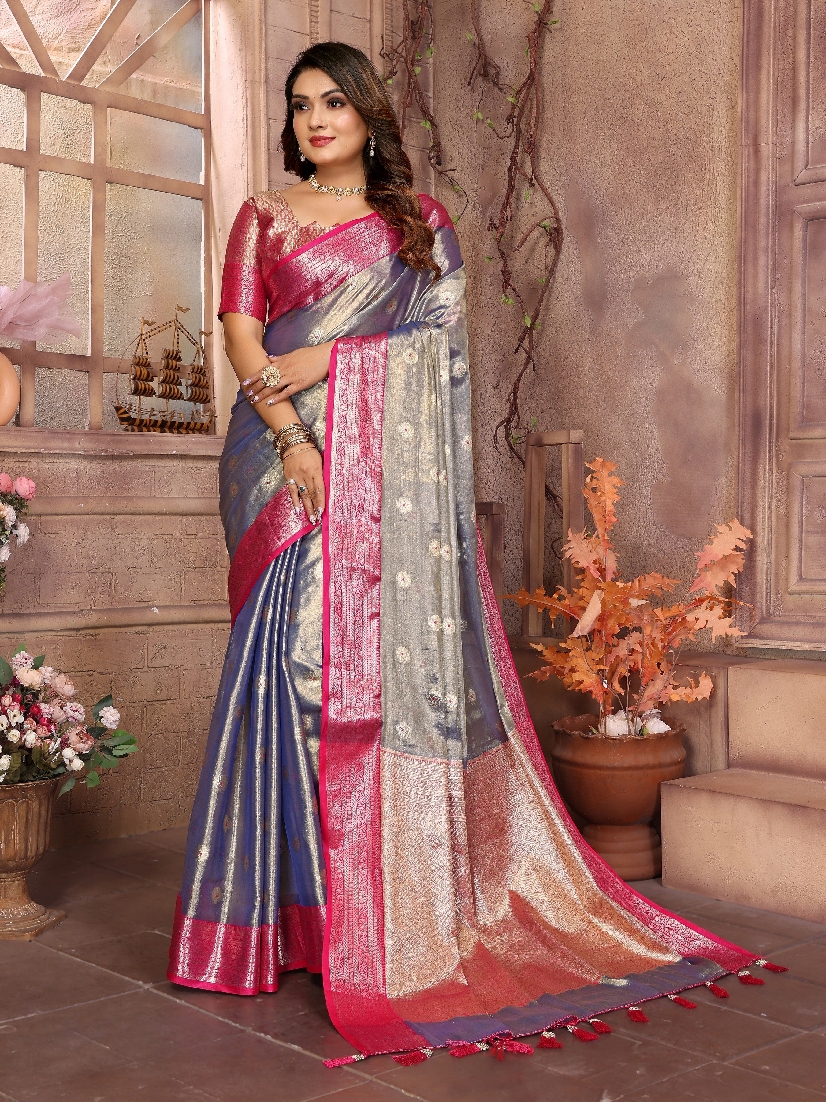 Lavender Tissue Silk Ethnic Saree With Woven Handloom Designer