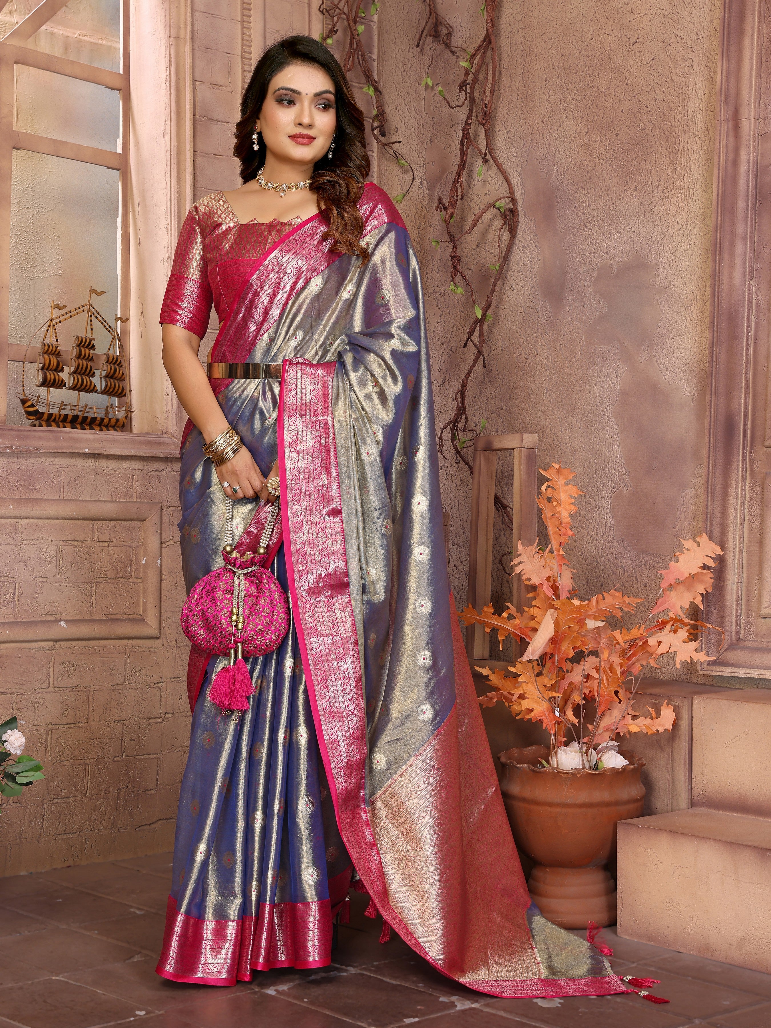 Lavender Tissue Silk Ethnic Saree With Woven Handloom Designer