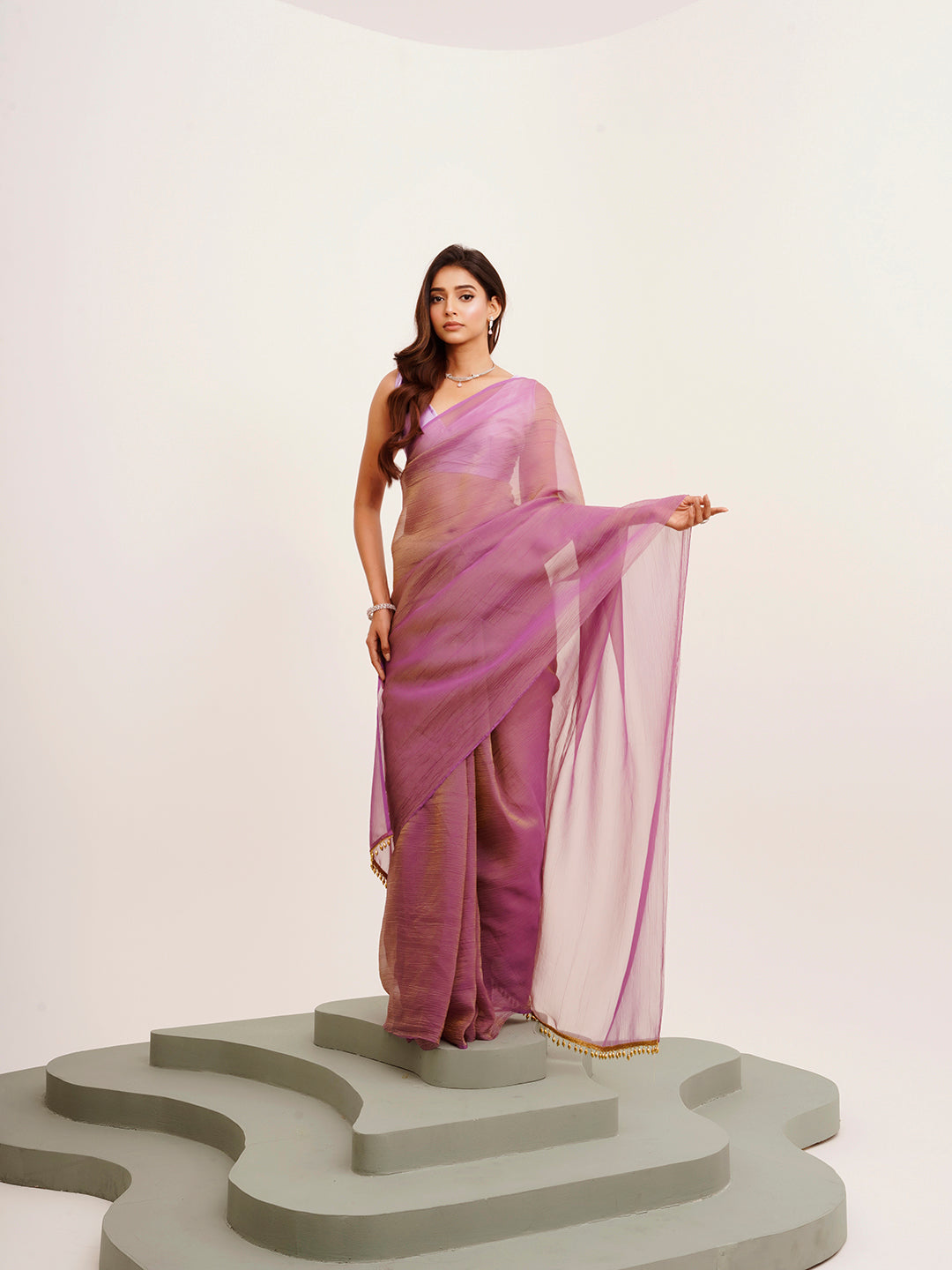 Lavender Tissue Solid Tissue With Tassels Fancy Saree