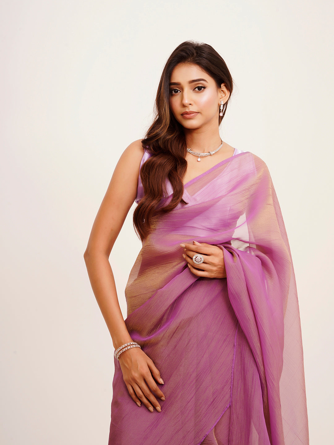 Lavender Tissue Solid Tissue With Tassels Fancy Saree