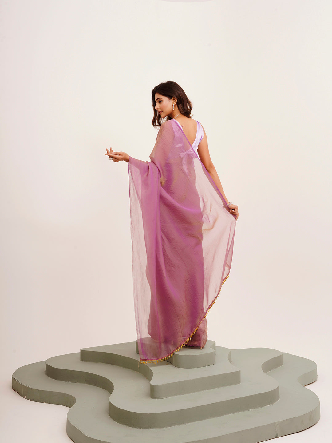Lavender Tissue Solid Tissue With Tassels Fancy Saree